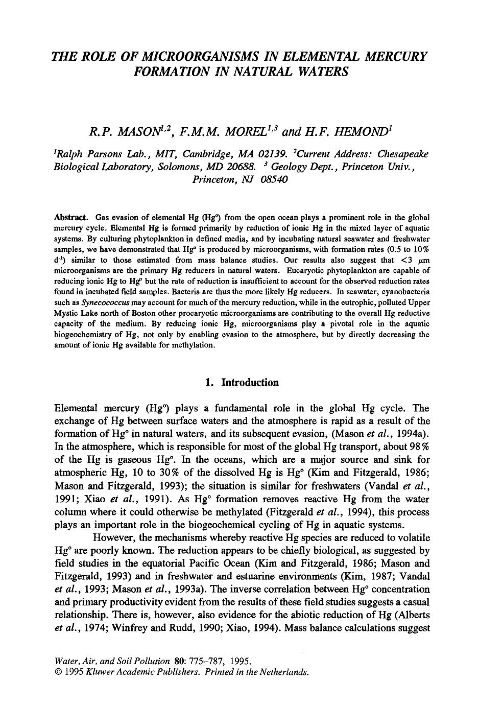 The role of microorganisms in elemental mercury formation in natural waters by Unknown