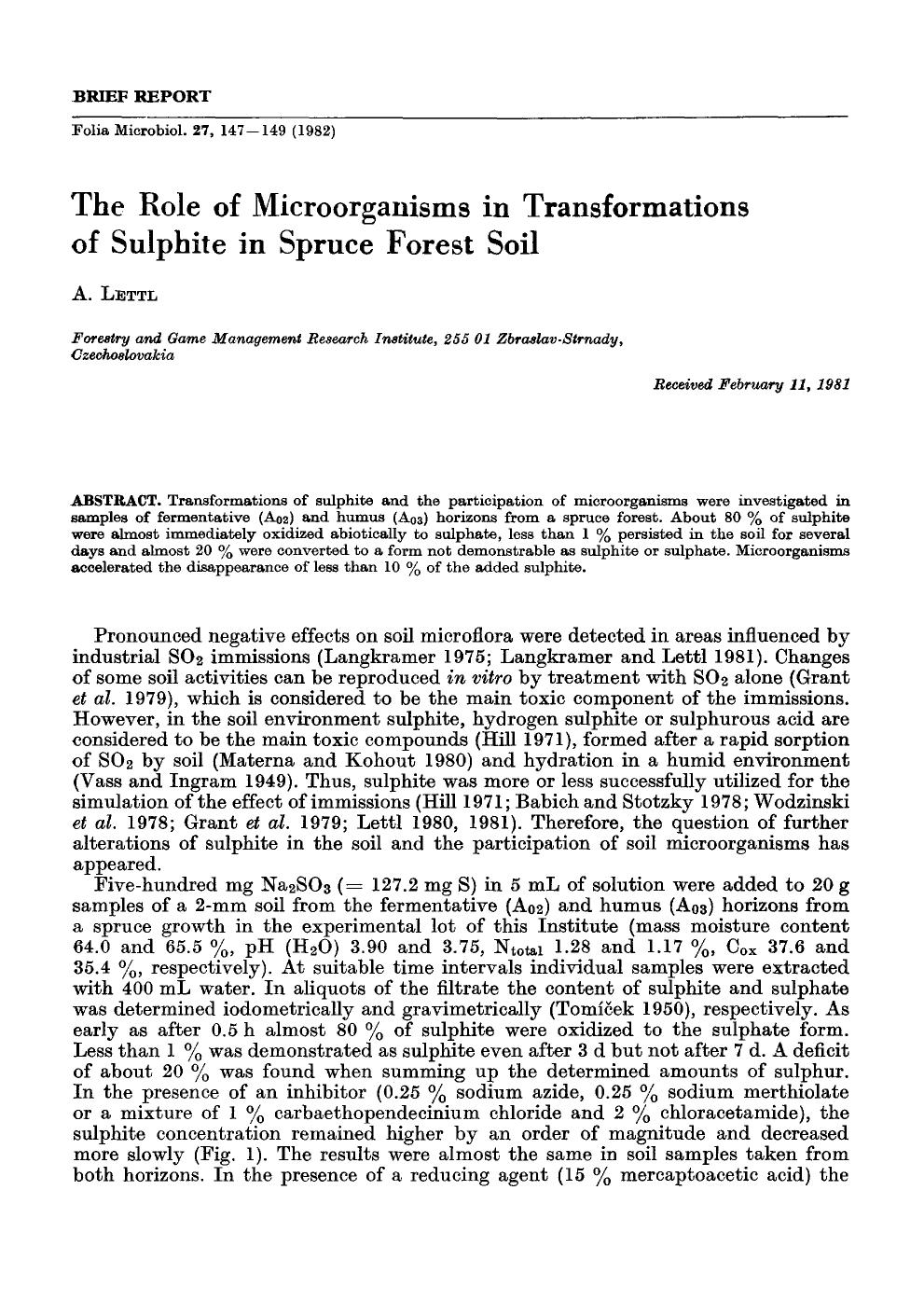 The role of microorganisms in transformations of sulphite in spruce forest soil by Unknown