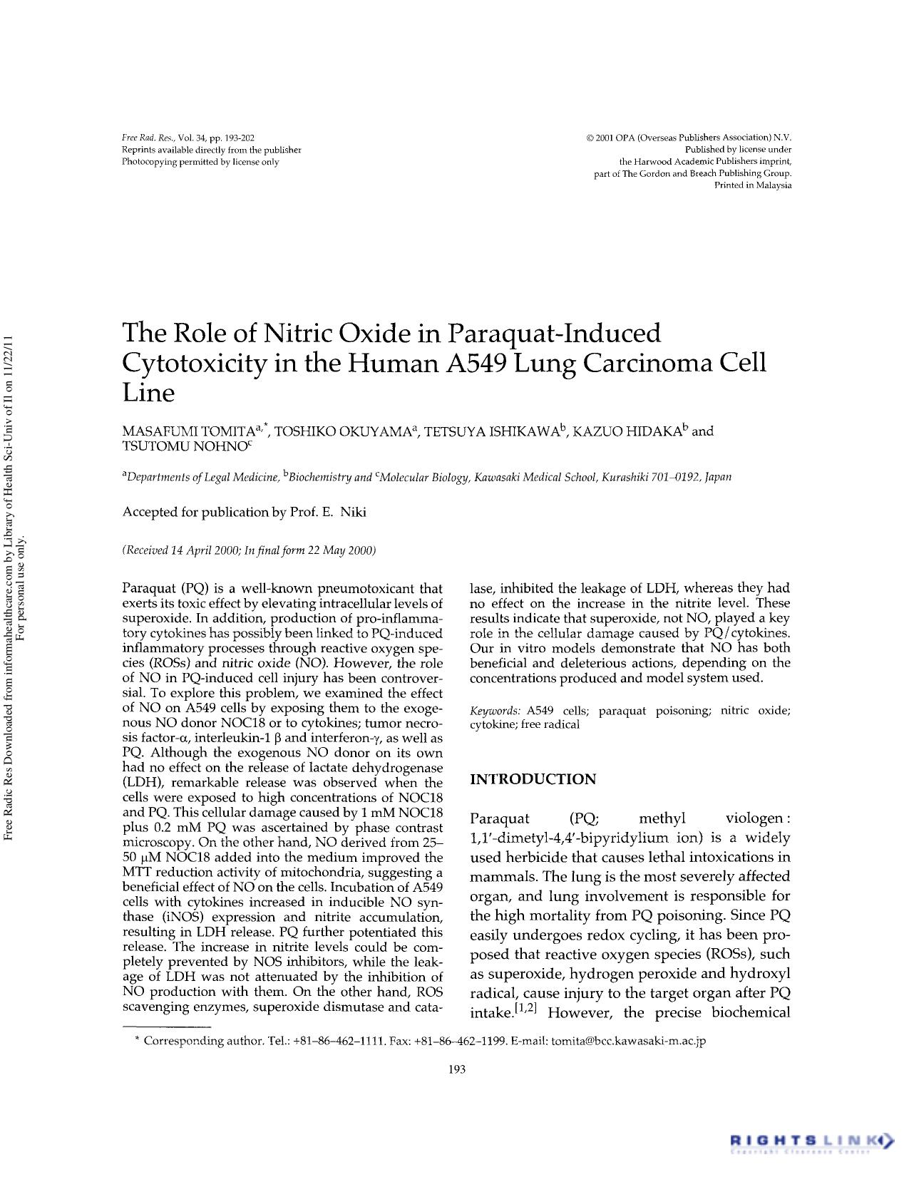 The role of nitric oxide in paraquat-induced cytotoxicity in the human A549 lung carcinoma cell line by Masafumi Tomita Toshiko Okuyama Tetsuya Ishikawa Kazuo Hidaka & Tsutomu Nohno