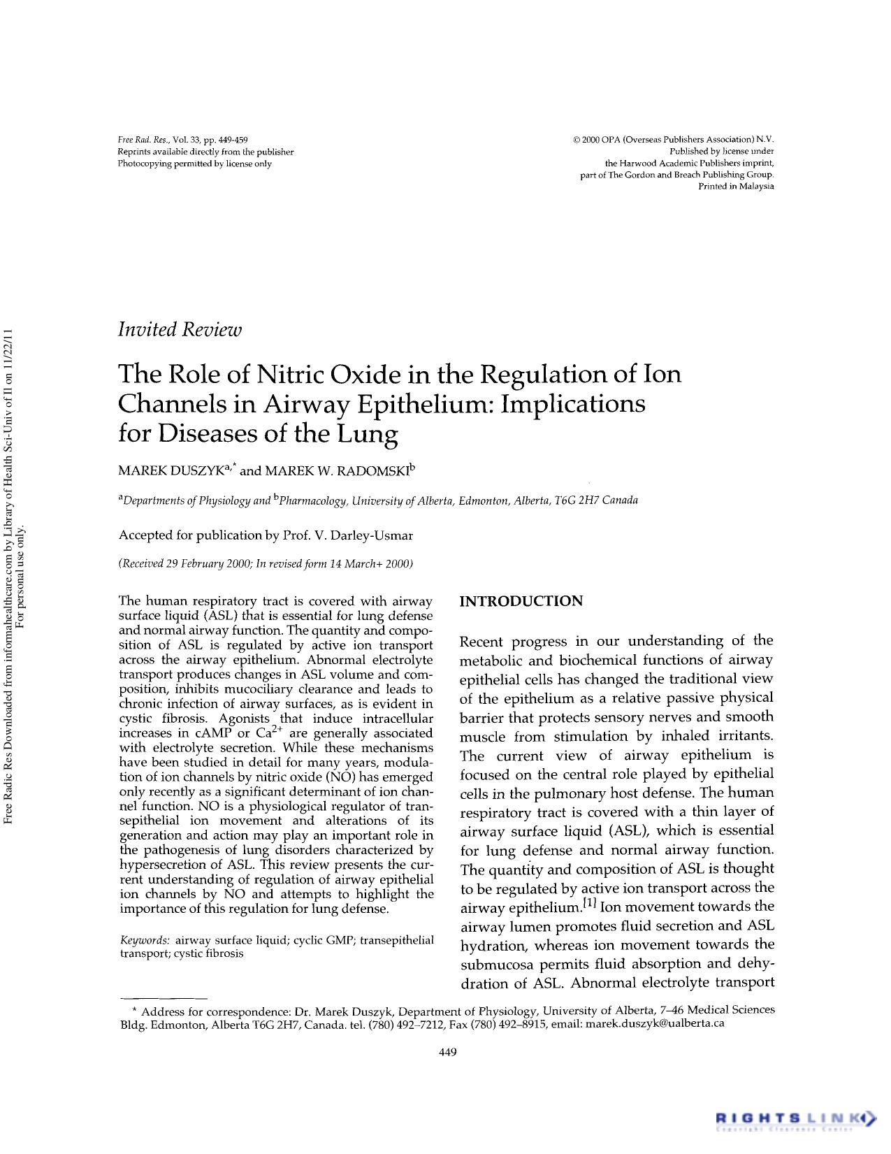 The role of nitric oxide in the regulation of ion channels in airway epithelium: Implications for diseases of the lung by Marek Duszyk & Marek W. Radomski