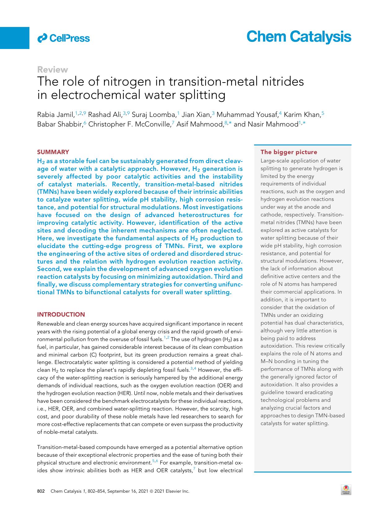 The role of nitrogen in transition-metal nitrides in electrochemical water splitting by unknow