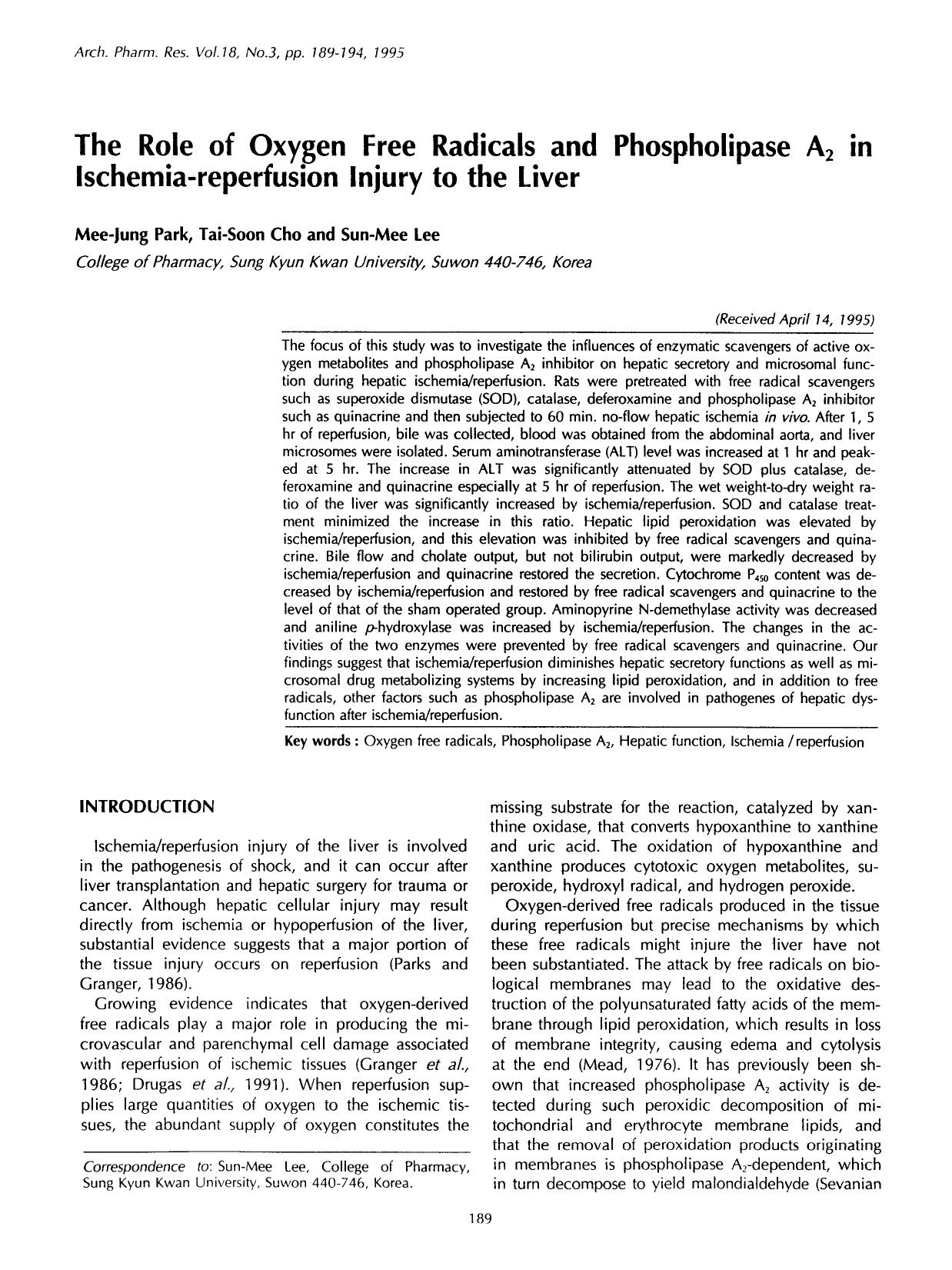 The role of oxygen free radicals and phospholipase A <Subscript>2 <Subscript> in ischemia-reperfusion injury to the liver by Unknown
