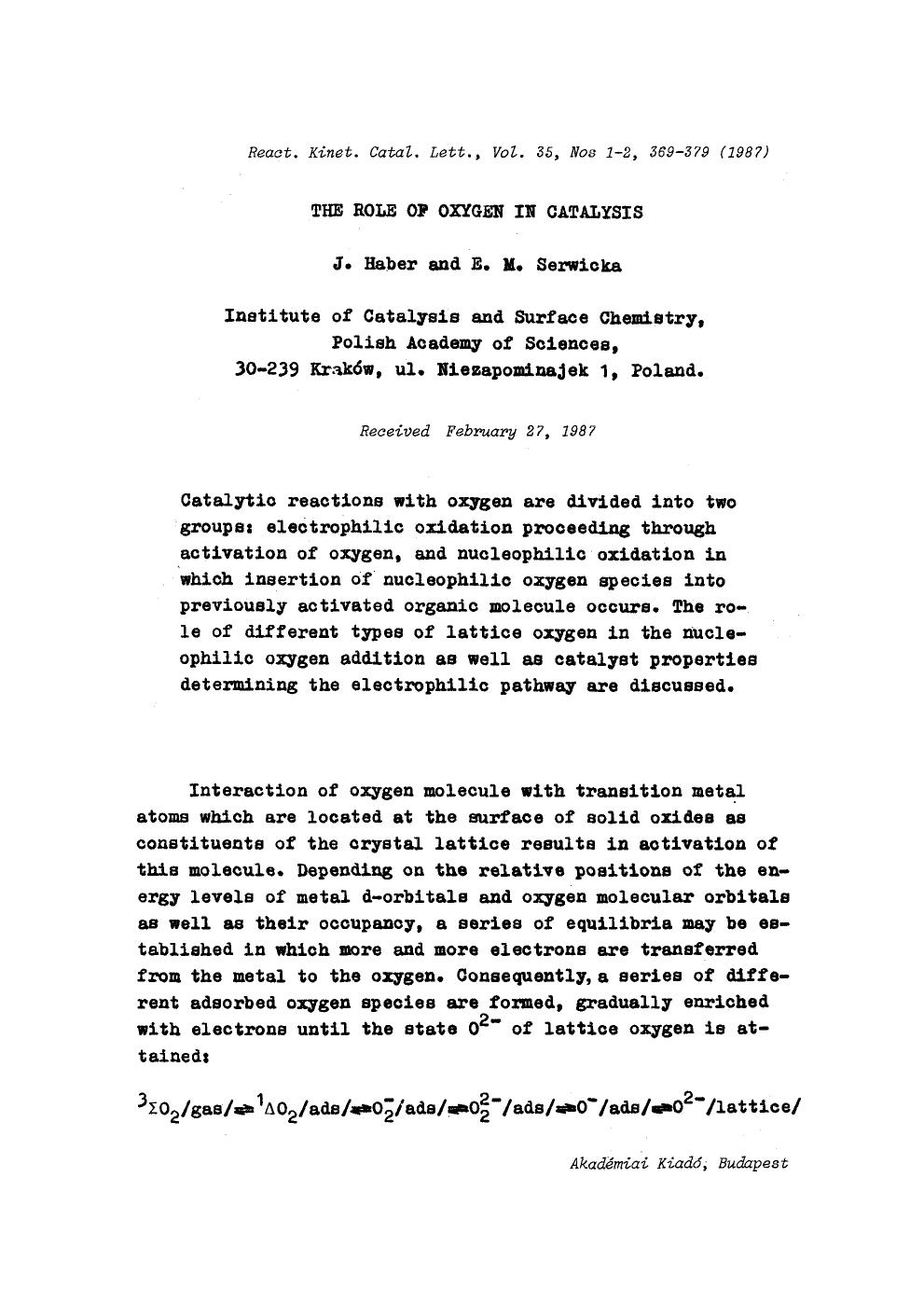 The role of oxygen in catalysis by Unknown