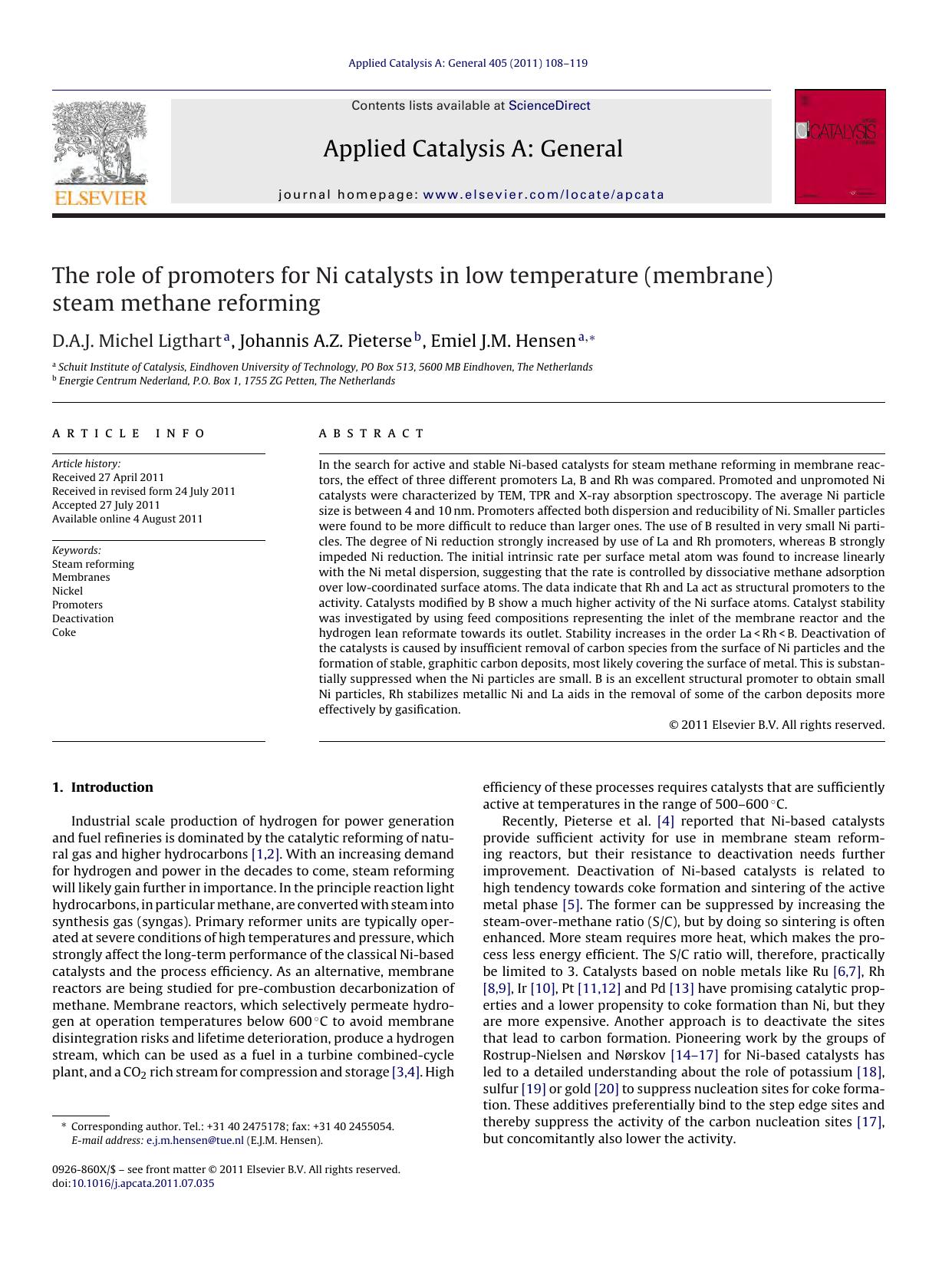 The role of promoters for Ni catalysts in low temperature (membrane) steam methane reforming by D.A.J. Michel Ligthart & Johannis A.Z. Pieterse & Emiel J.M. Hensen