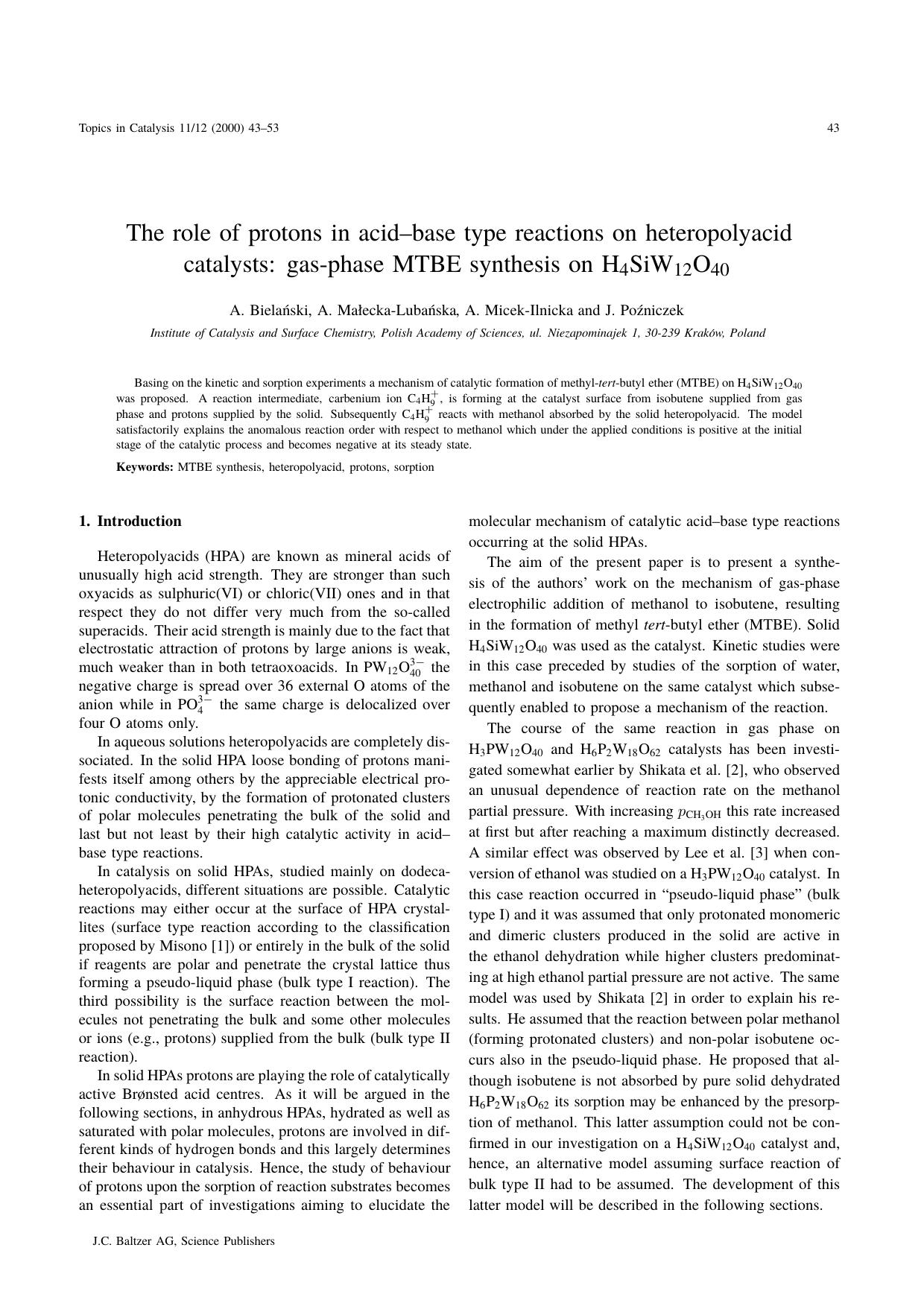 The role of protons in acid&#x2013;base type reactions on heteropolyacid catalysts: gas-phase MTBE synthesis on H<Subscript>4<Subscript>SiW<Subscript>12<Subscript>O<Subscript>40<Subscript> by Unknown