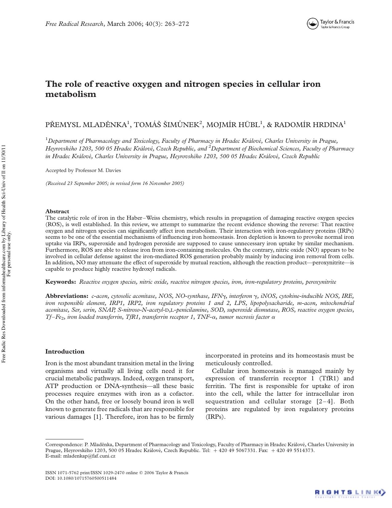 The role of reactive oxygen and nitrogen species in cellular iron metabolism by PŘEMYSL MLADĚNKA1† TOMÁŠ ŠIMŮNEK2 MOJMÍR HÜBL1 & RADOMÍR HRDINA1