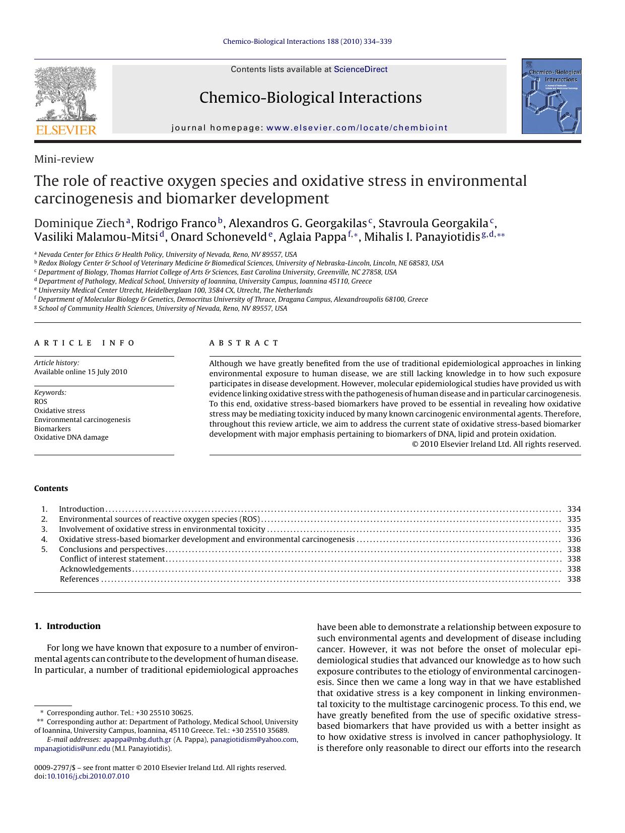 The role of reactive oxygen species and oxidative stress in environmental carcinogenesis and biomarker development by Dominique Ziech