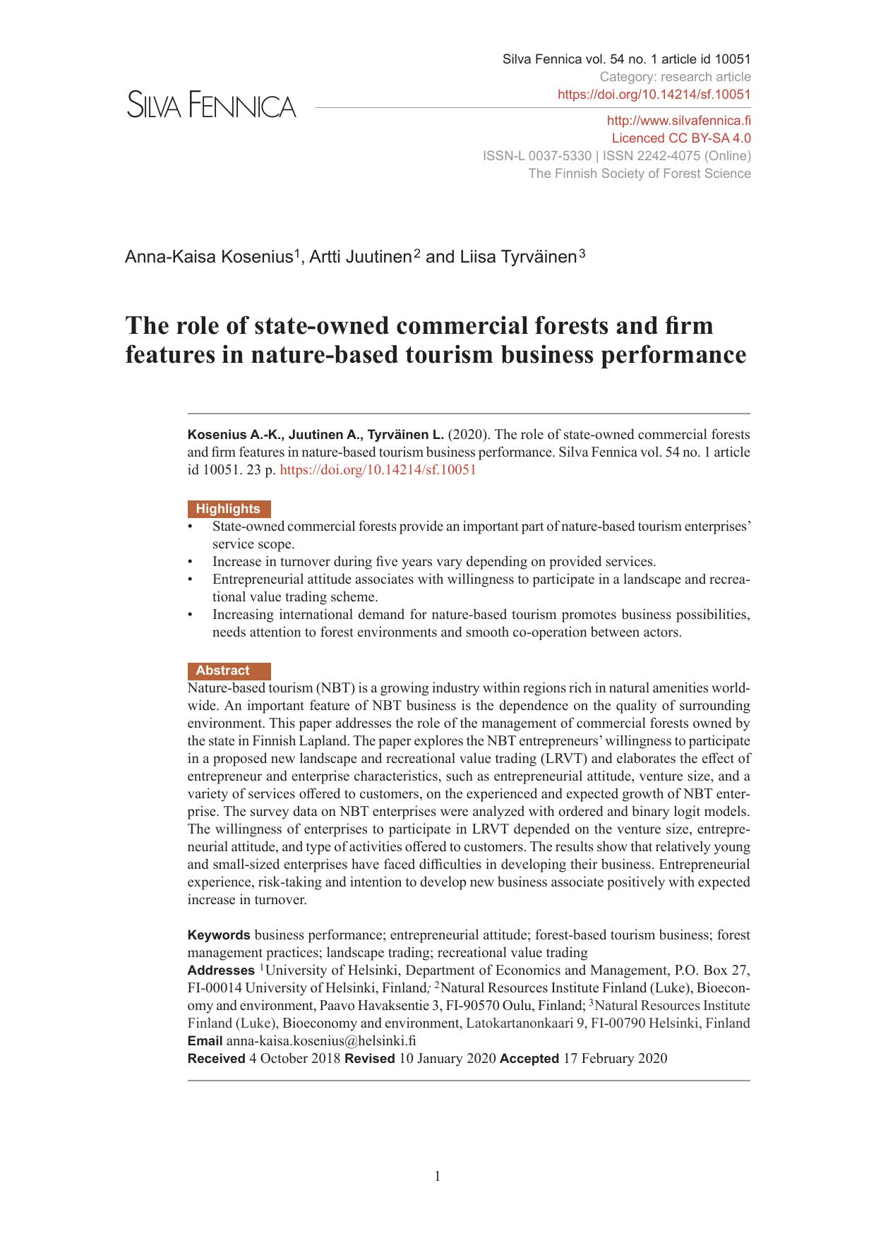 The role of state-owned commercial forests and firm features in nature-based tourism business performance by Anna-Kaisa Kosenius