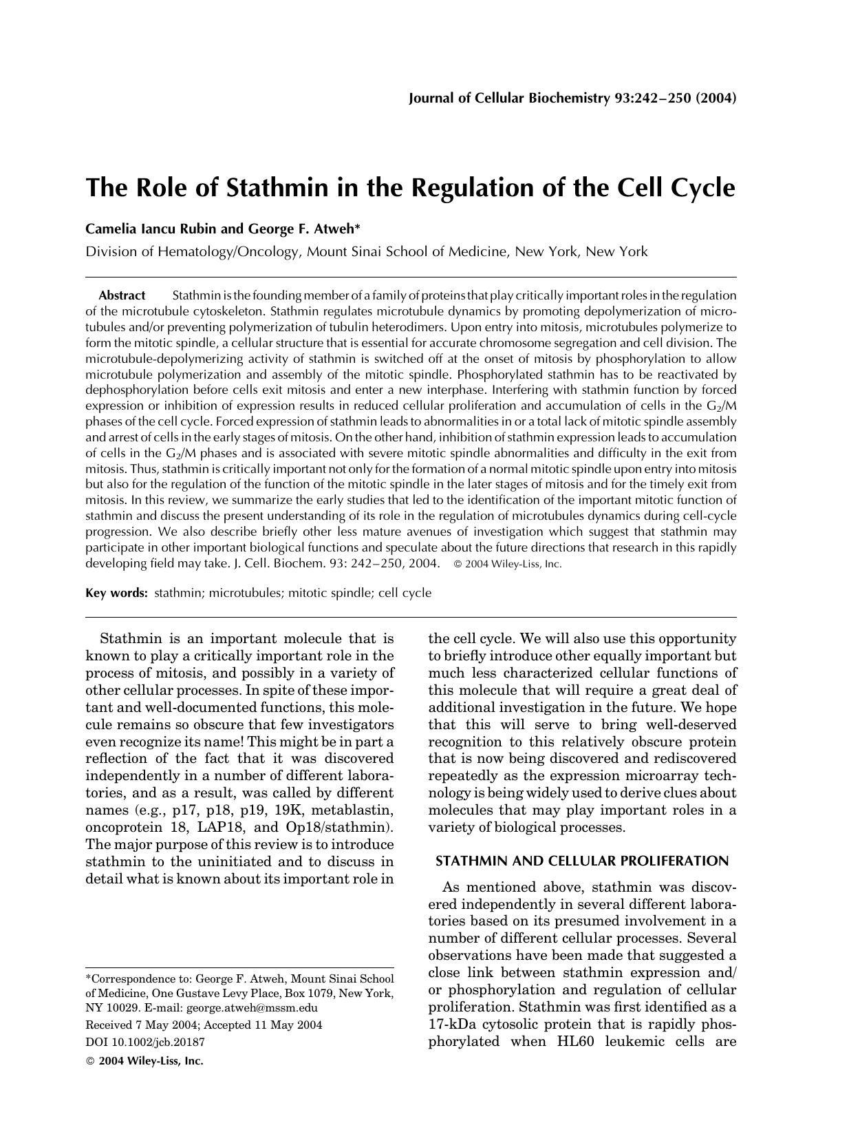 The role of stathmin in the regulation of the cell cycle by Unknown