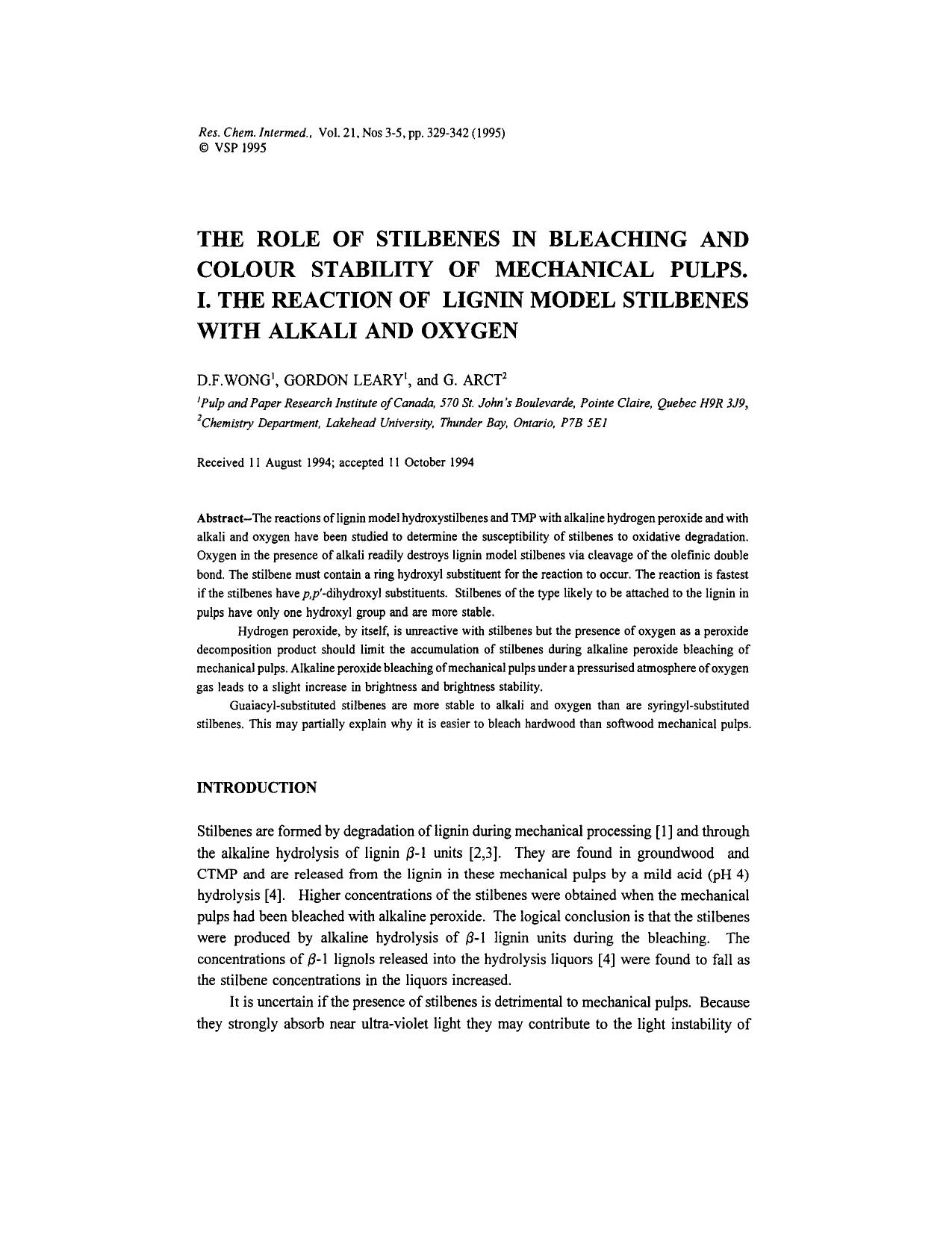 The role of stilbenes in bleaching and colour stability of mechanical pulps. I. The reaction of lignin model stilbenes with alkali and oxygen by Unknown