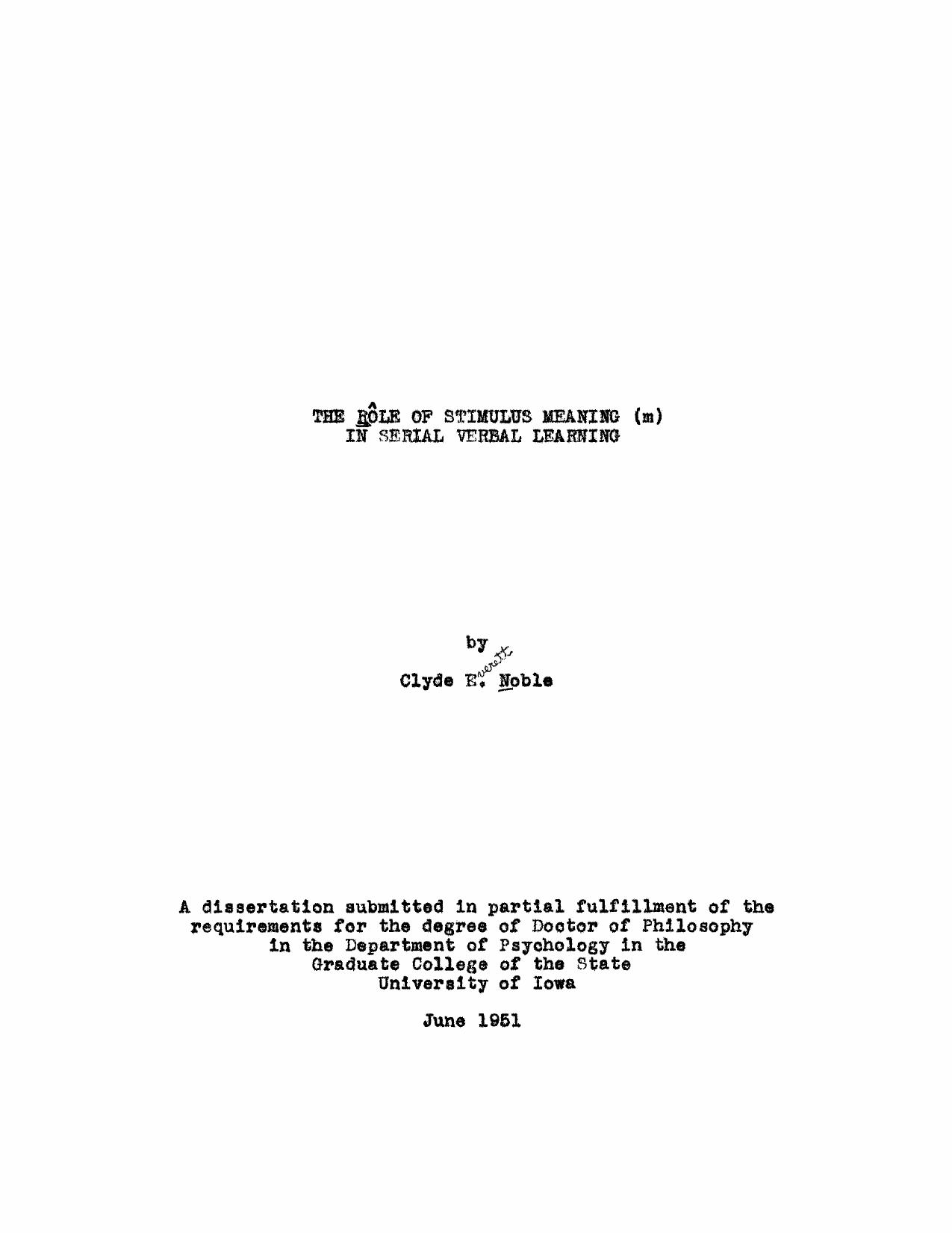 The role of stimulus meaning (m) in serial verbal learning by Noble Clyde E