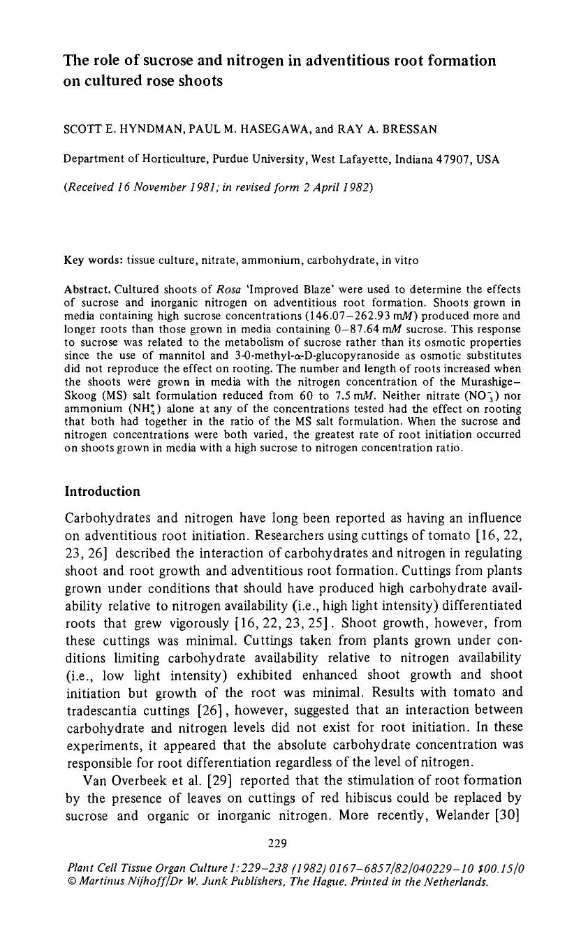 The role of sucrose and nitrogen in adventitious root formation on cultured rose shoots by Unknown