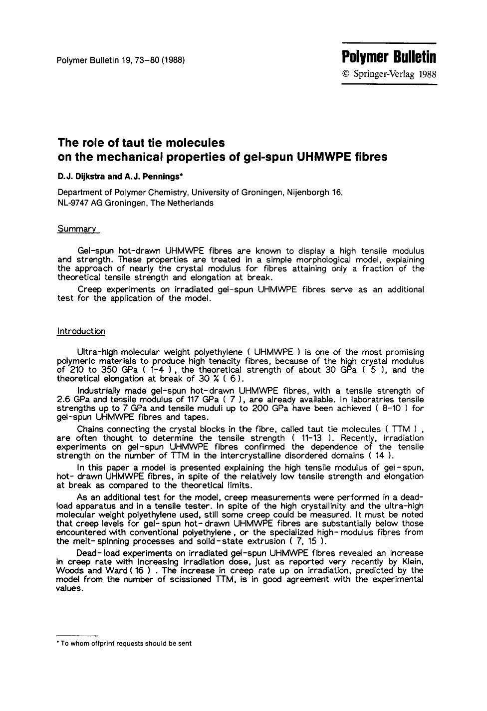 The role of taut tie molecules on the mechanical properties of gel-spun UHMWPE fibres by Unknown