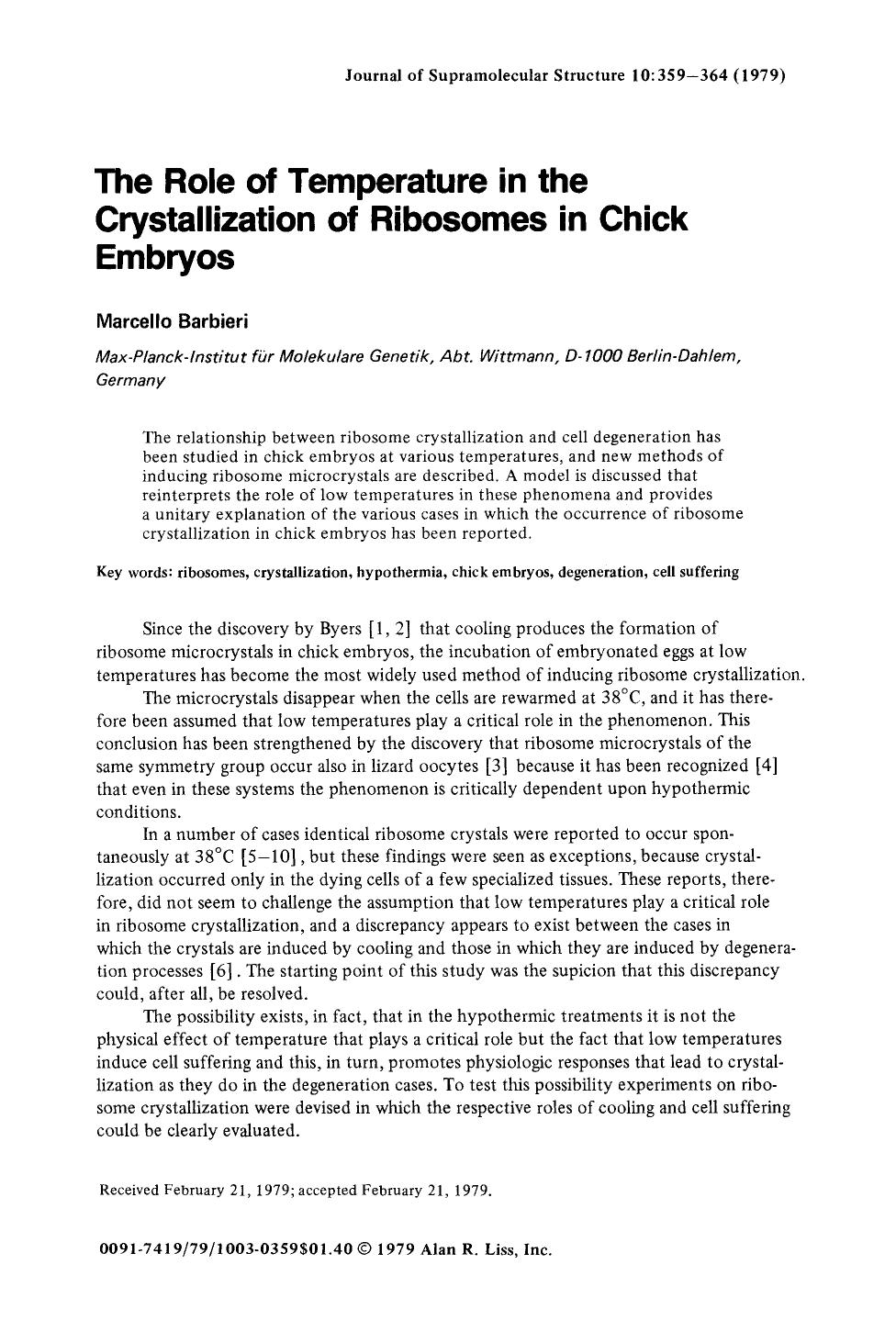 The role of temperature in the crystallization of ribosomes in chick embryos by Unknown