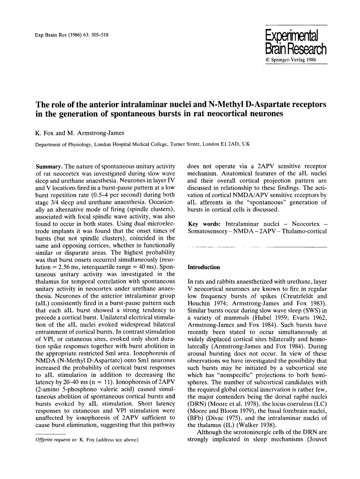 The role of the anterior intralaminar nuclei and N-methyl D-aspartate receptors in the generation of spontaneous bursts in rat neocortical neurones by Unknown