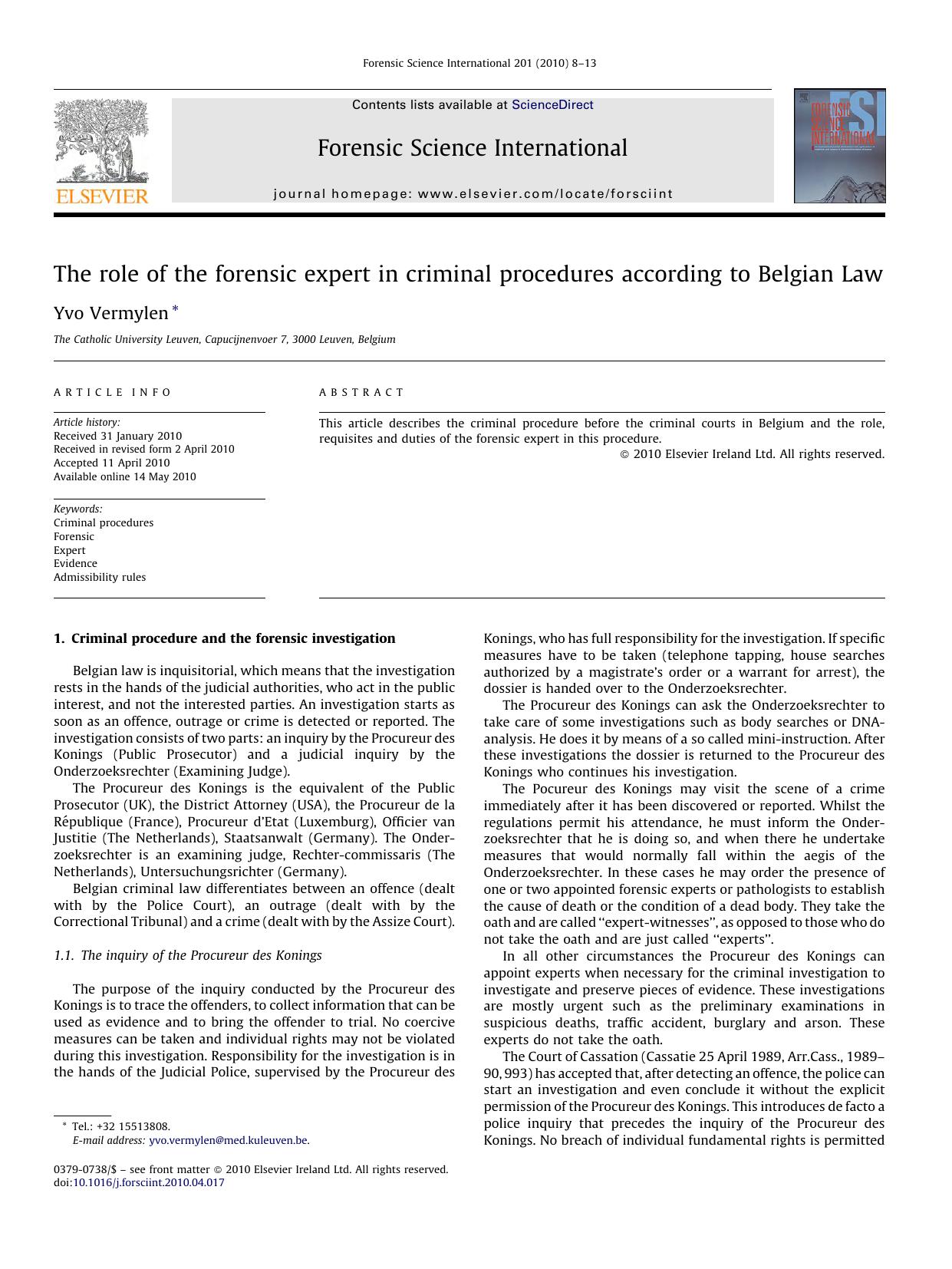 The role of the forensic expert in criminal procedures according to Belgian Law by Yvo Vermylen