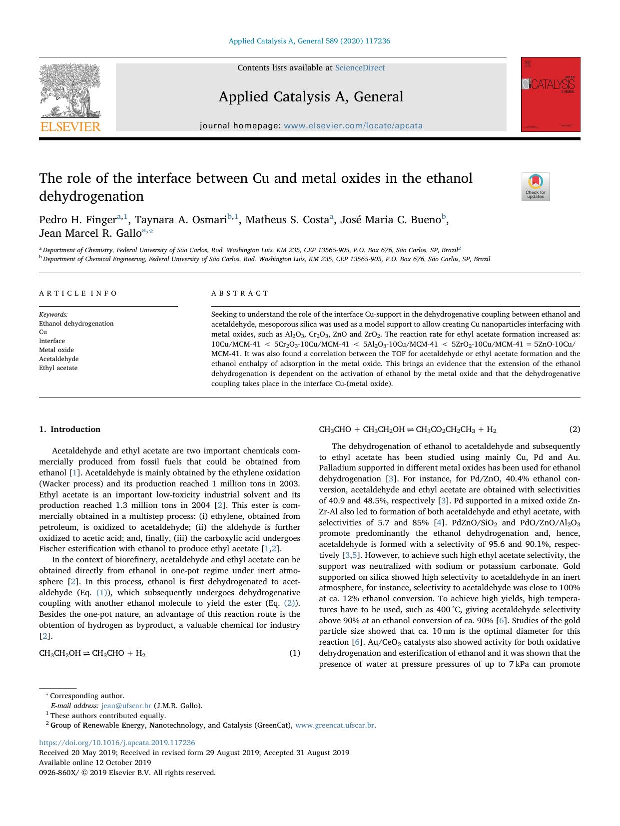 The role of the interface between Cu and metal oxides in the ethanol dehydrogenation by Pedro H. Finger & Taynara A. Osmari & Matheus S. Costa & José Maria C. Bueno & Jean Marcel R. Gallo