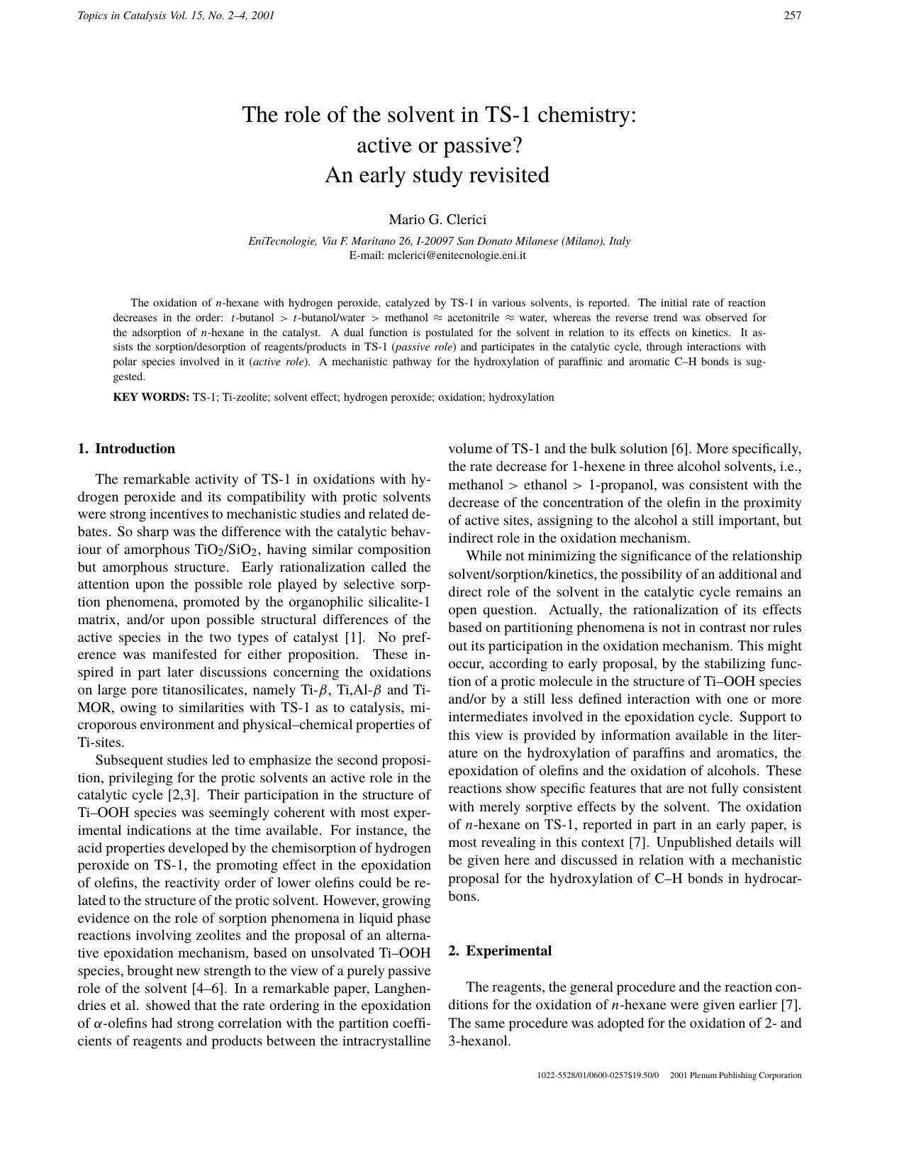 The role of the solvent in TS-1 chemistry: active or passive? An early study revisited by Unknown