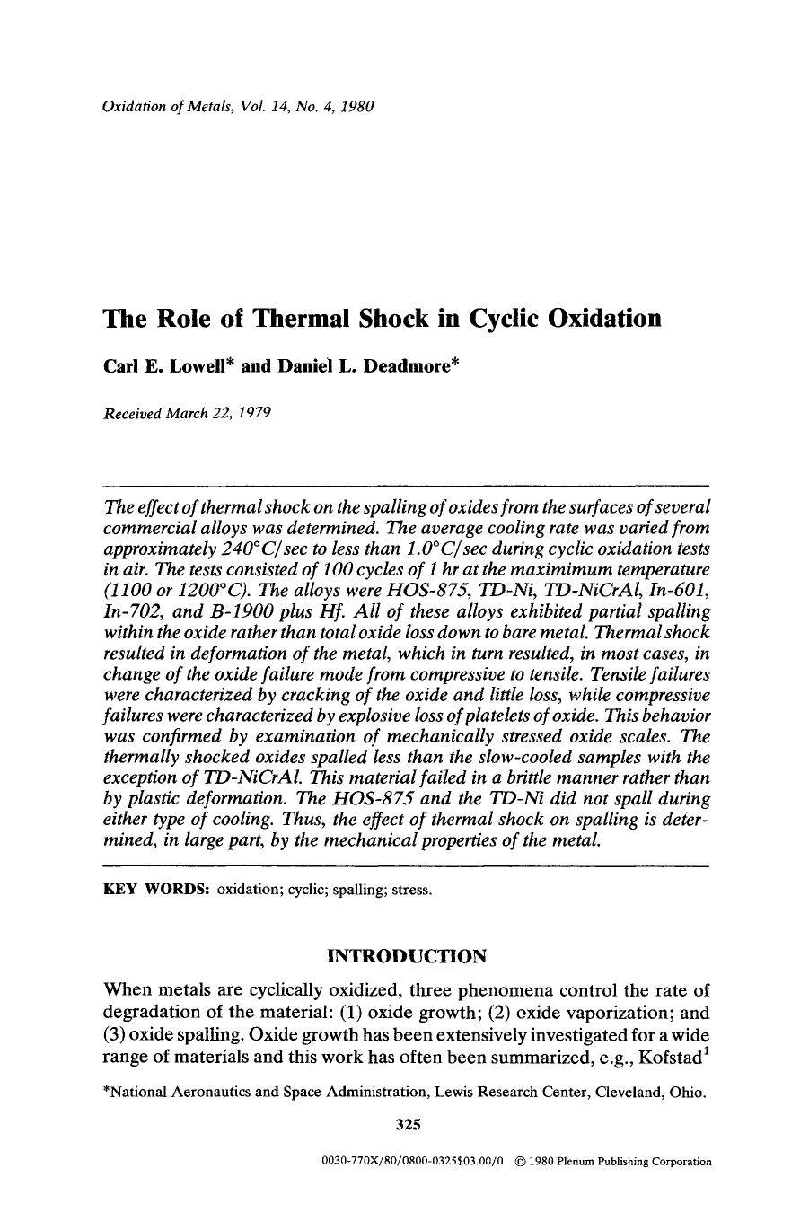 The role of thermal shock in cyclic oxidation by Unknown