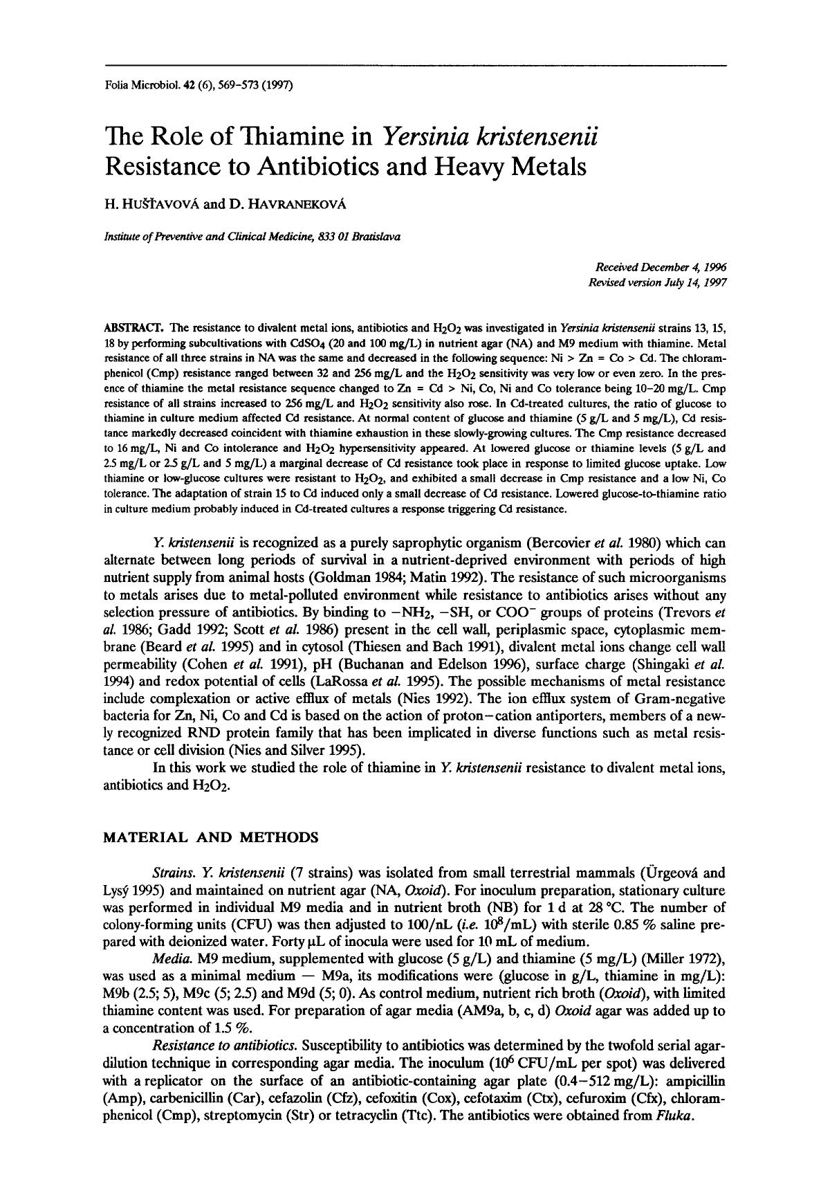The role of thiamine in <Emphasis Type="Italic">Yersinia kristensenii <Emphasis> resistance to antibiotics and heavy metals by Unknown