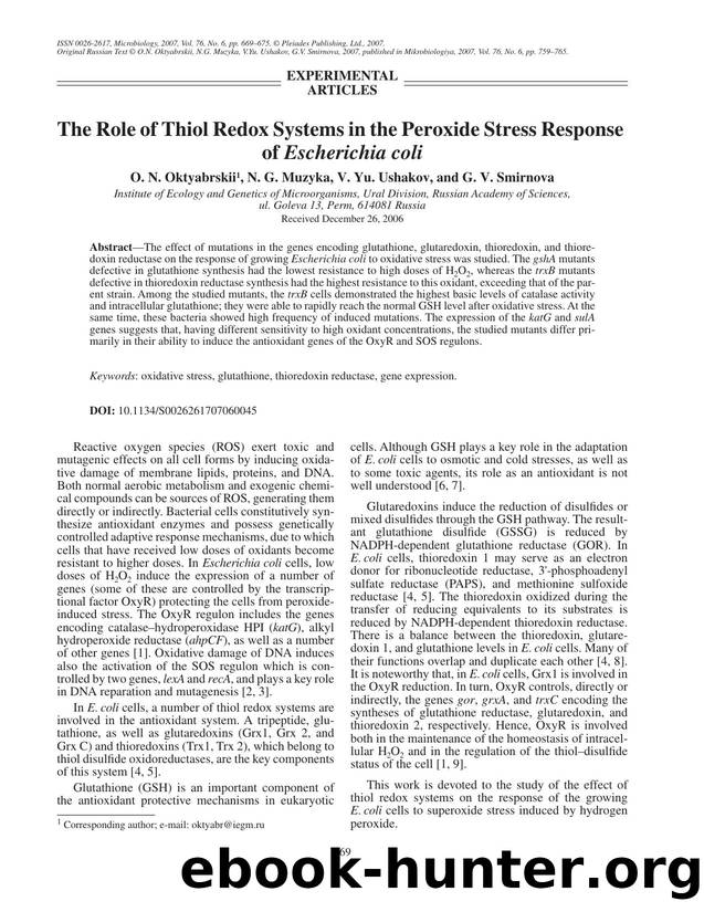 The role of thiol redox systems in the peroxide stress response of <Emphasis Type="Italic">Escherichia coli<Emphasis> by Unknown