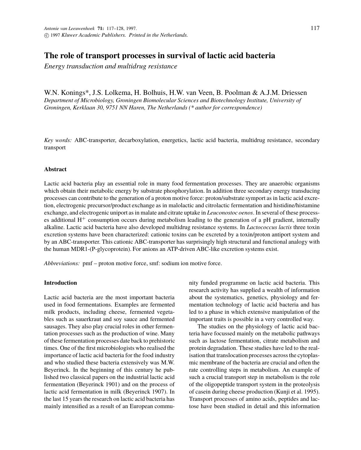 The role of transport processes in survival of lactic acid bacteria, Energy transduction and multidrug resistance by Unknown
