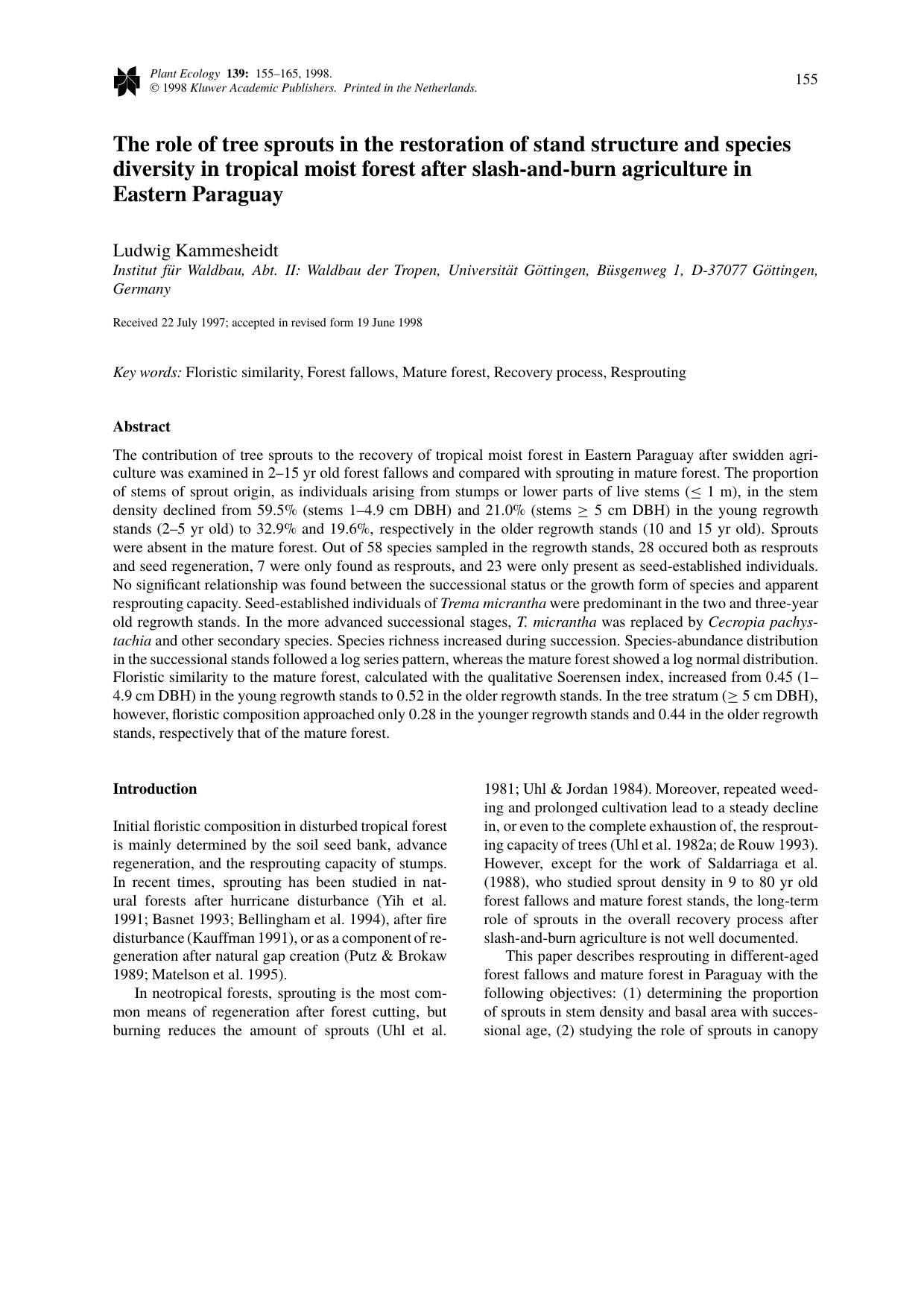 The role of tree sprouts in the restoration of stand structure and species diversity in tropical moist forest after slash-and-burn agriculture in Eastern Paraguay by Unknown