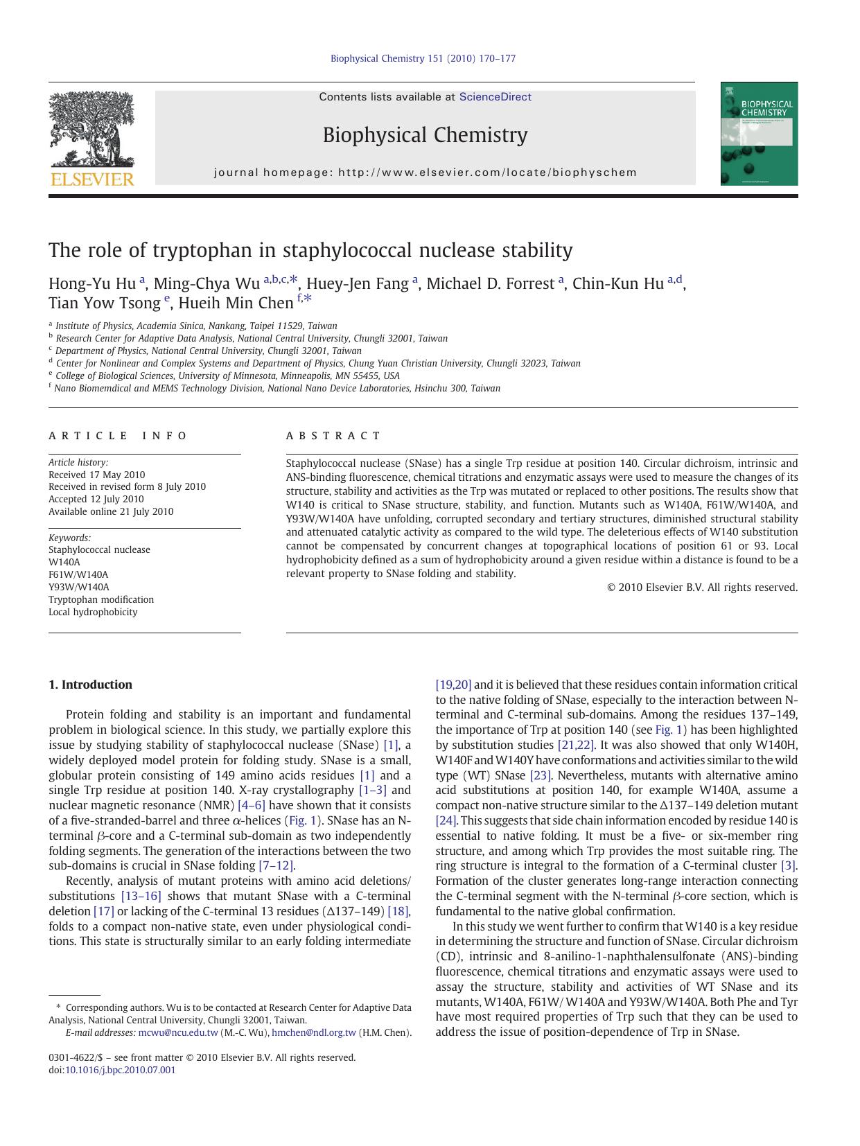 The role of tryptophan in staphylococcal nuclease stability by unknow
