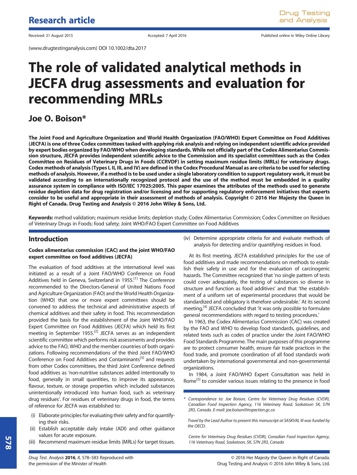 The role of validated analytical methods in JECFA drug assessments and evaluation for recommending MRLs by Joe O. Boison