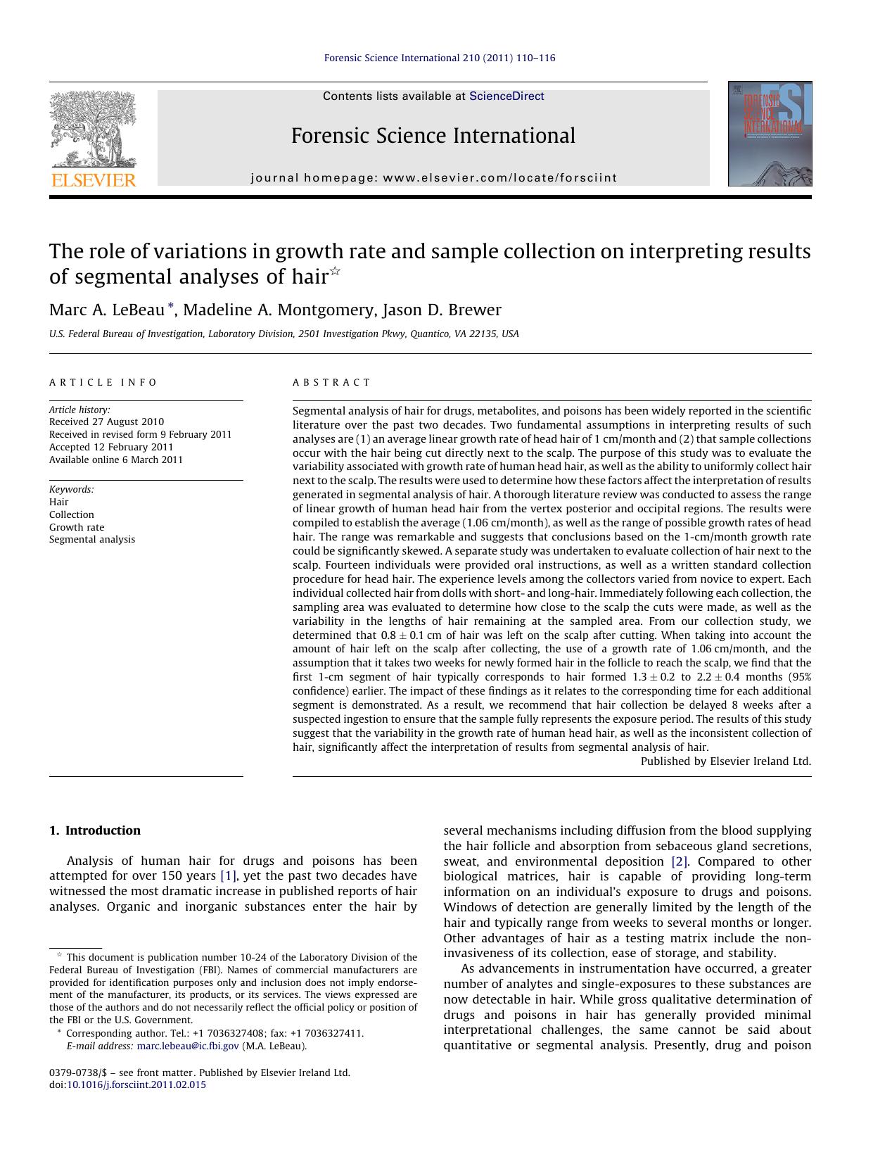 The role of variations in growth rate and sample collection on interpreting results of segmental analyses of hair by Marc A. LeBeau
