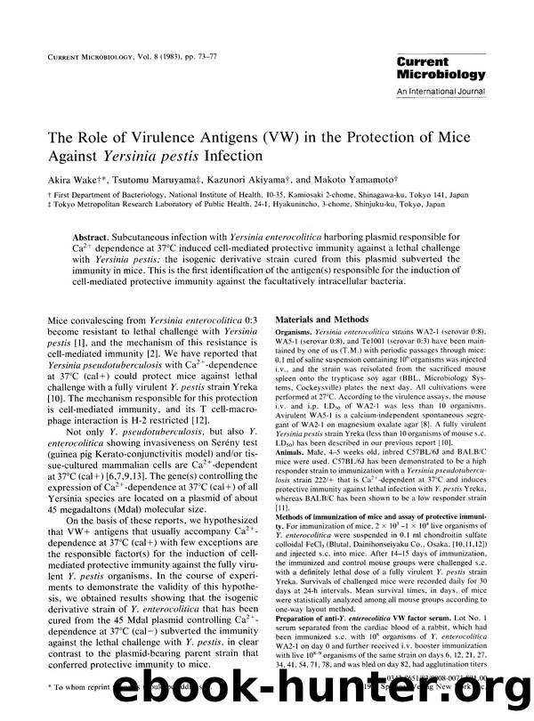 The role of virulence antigens (VW) in the protection of mice against <Emphasis Type="Italic">Yersinia pestis <Emphasis> infection by Unknown