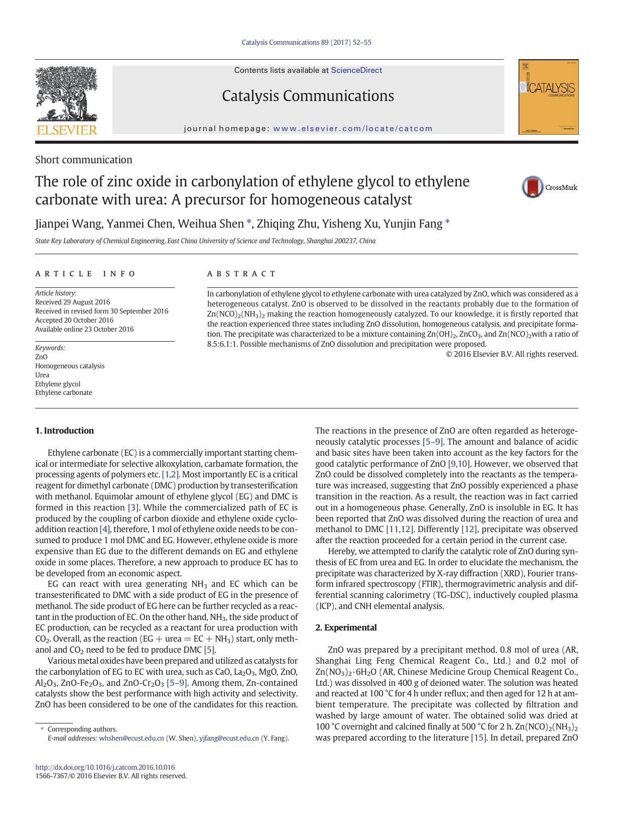 The role of zinc oxide in carbonylation of ethylene glycol to ethylene carbonate with urea: A precursor for homogeneous catalyst by Jianpei Wang & Yanmei Chen & Weihua Shen & Zhiqing Zhu & Yisheng Xu & Yunjin Fang