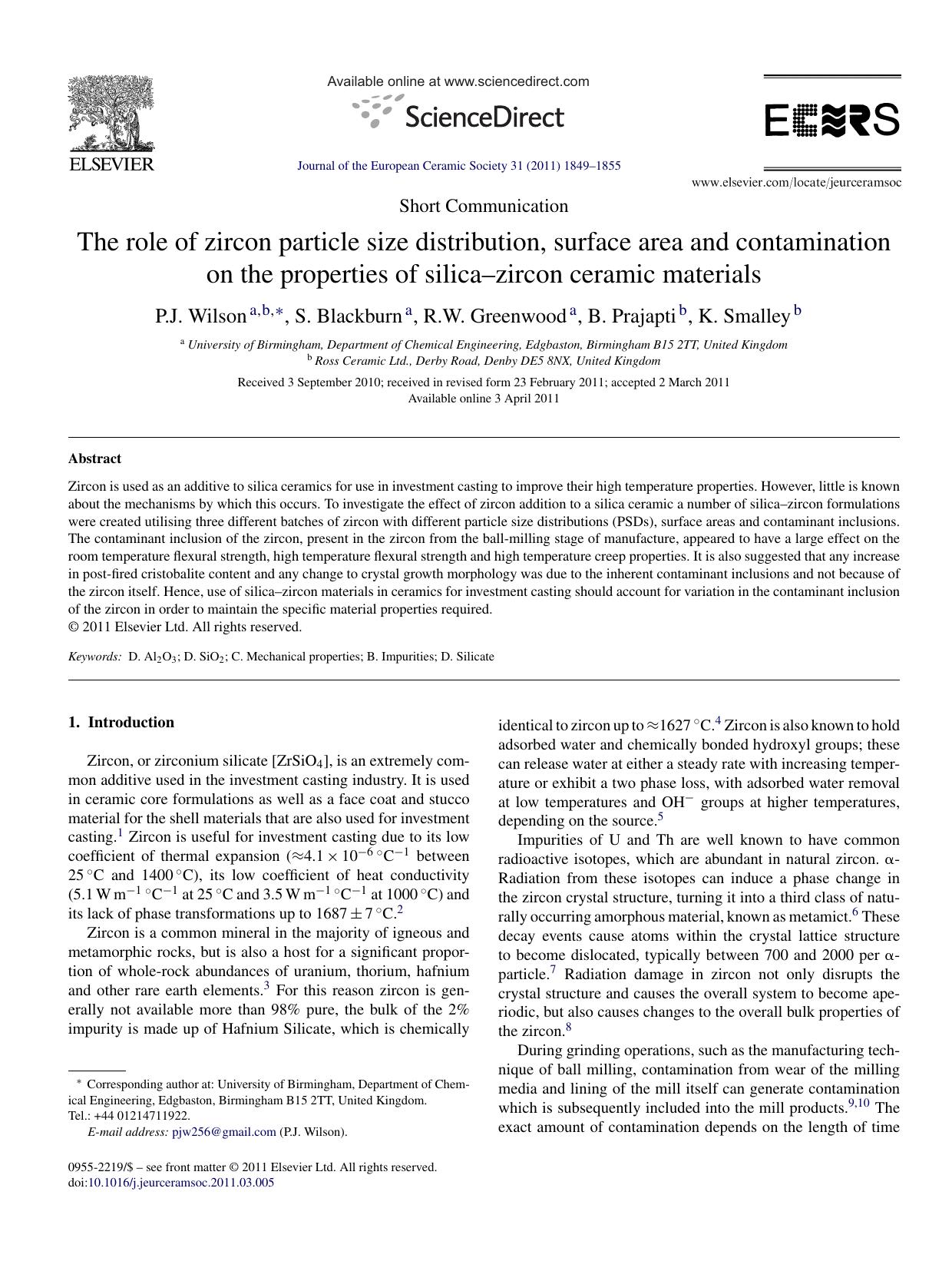 The role of zircon particle size distribution, surface area and contamination on the properties of silicaÃ¢â¬âzircon ceramic materials by P.J. Wilson