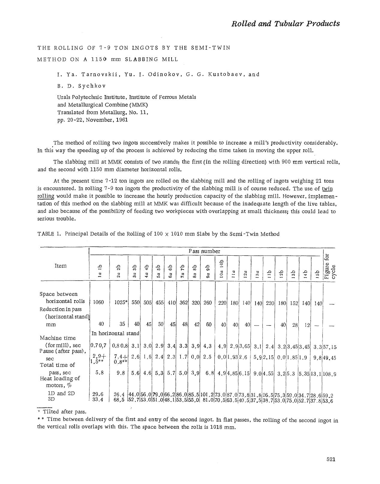 The rolling of 7–9 ton ingots by the semi-twin method on a 1150 mm slabbing mill by Unknown
