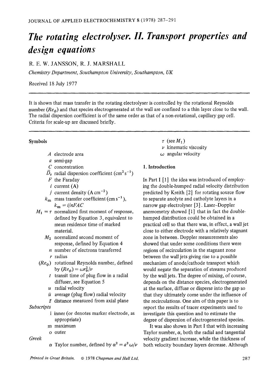 The rotating electrolyser. II. Transport properties and design equations by Unknown