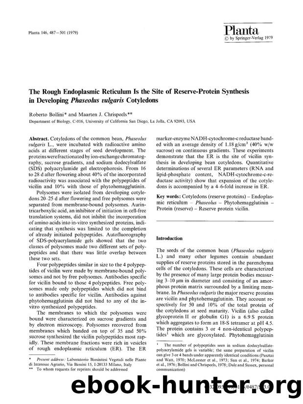 The rough endoplasmic reticulum is the site of reserve-protein synthesis in developing <Emphasis Type="Italic">Phaseolus vulgaris<Emphasis> cotyledons by Unknown