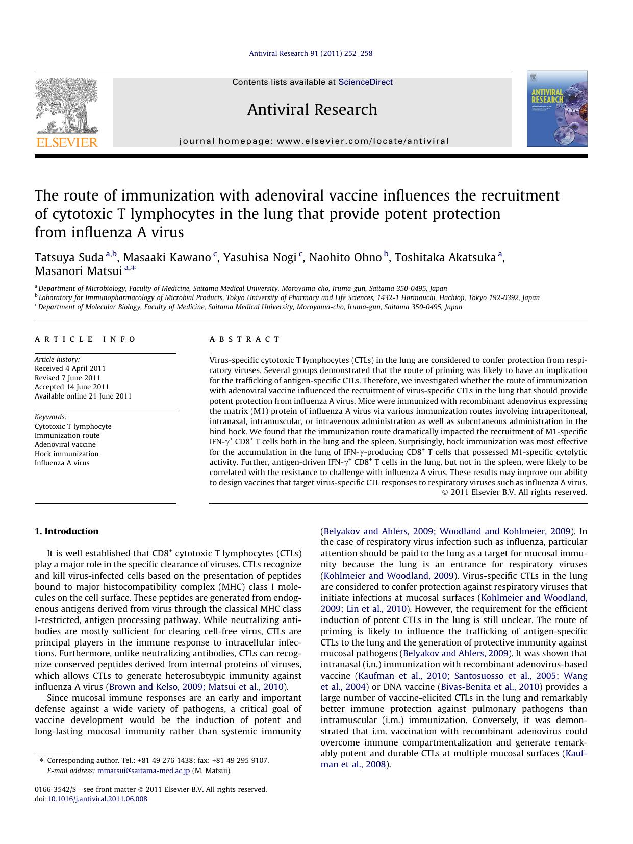 The route of immunization with adenoviral vaccine influences the recruitment of cytotoxic T lymphocytes in the lung that provide potent protection from influenza A virus by Tatsuya Suda & Masaaki Kawano & Yasuhisa Nogi & Naohito Ohno & Toshitaka Akatsuka & Masanori Matsui