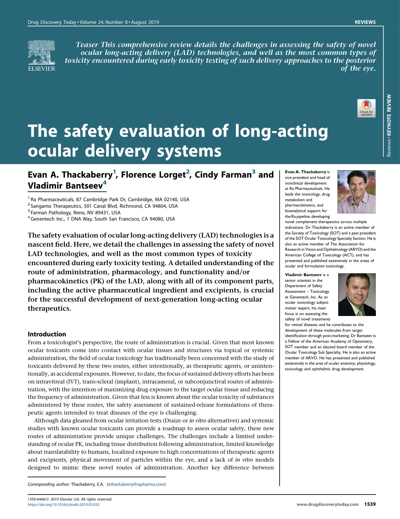 The safety evaluation of long-acting ocular delivery systems by Evan A. Thackaberry & Florence Lorget & Cindy Farman & Vladimir Bantseev