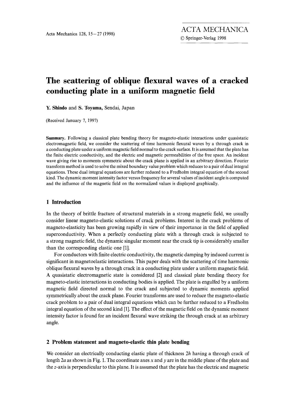 The scattering of oblique flexural waves of a cracked conducting plate in a uniform magnetic field by Unknown
