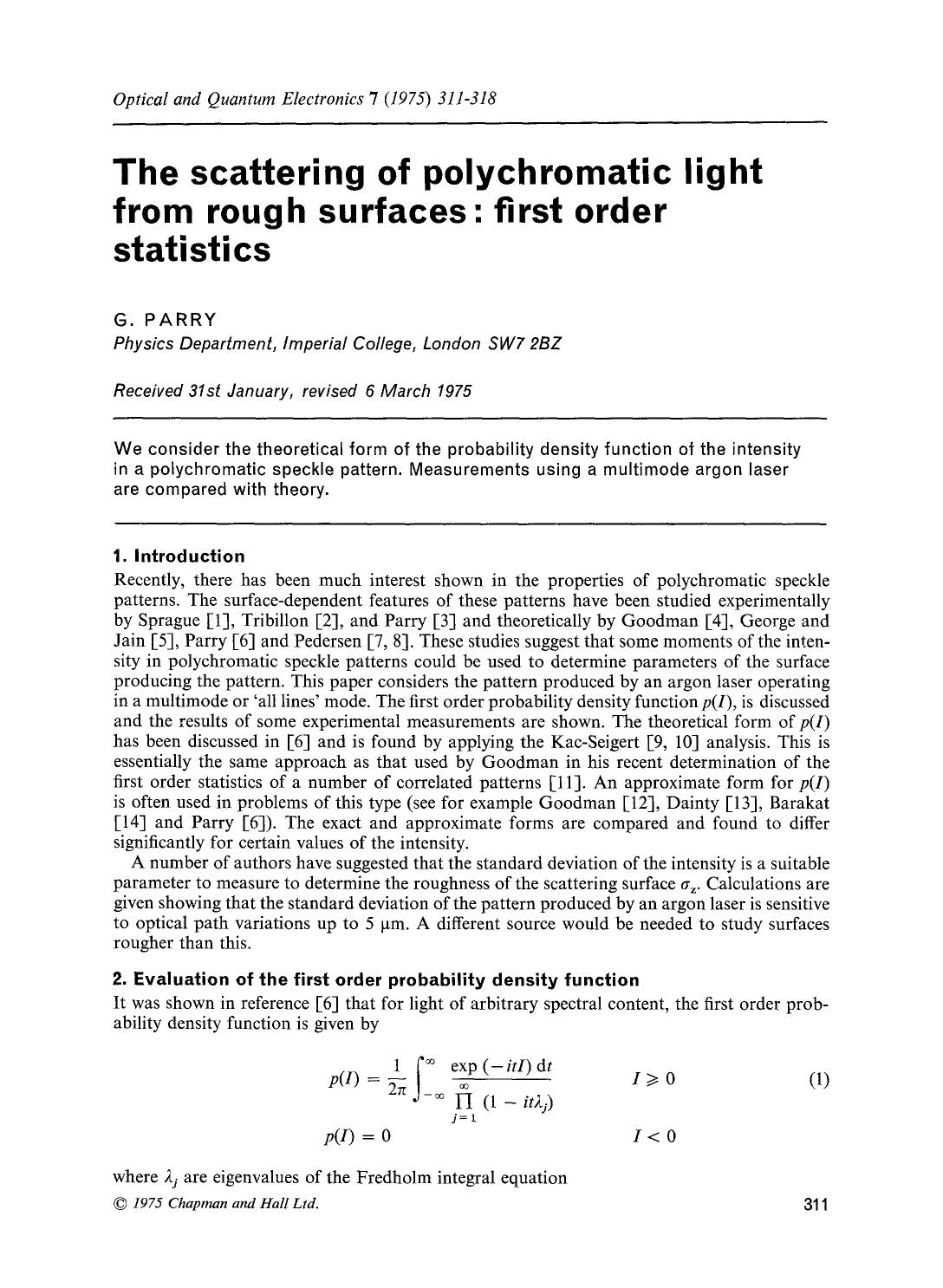 The scattering of polychromatic light from rough surfaces: first order statistics by Unknown