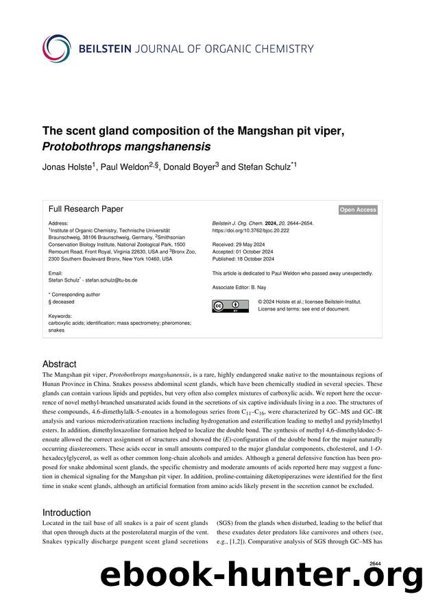 The scent gland composition of the Mangshan pit viper, Protobothrops mangshanensis by Jonas Holste Paul Weldon Donald Boyer Stefan Schulz