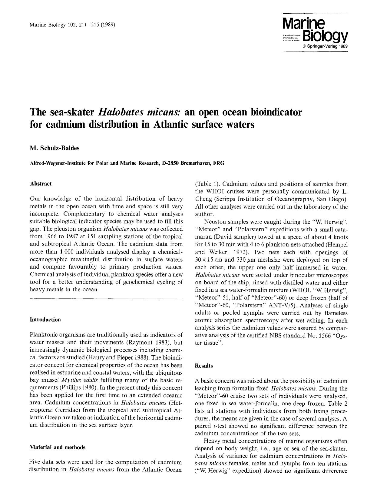 The sea-skater <Emphasis Type="Italic">Halobates micans<Emphasis>: an open ocean bioindicator for cadmium distribution in Atlantic surface waters by Unknown