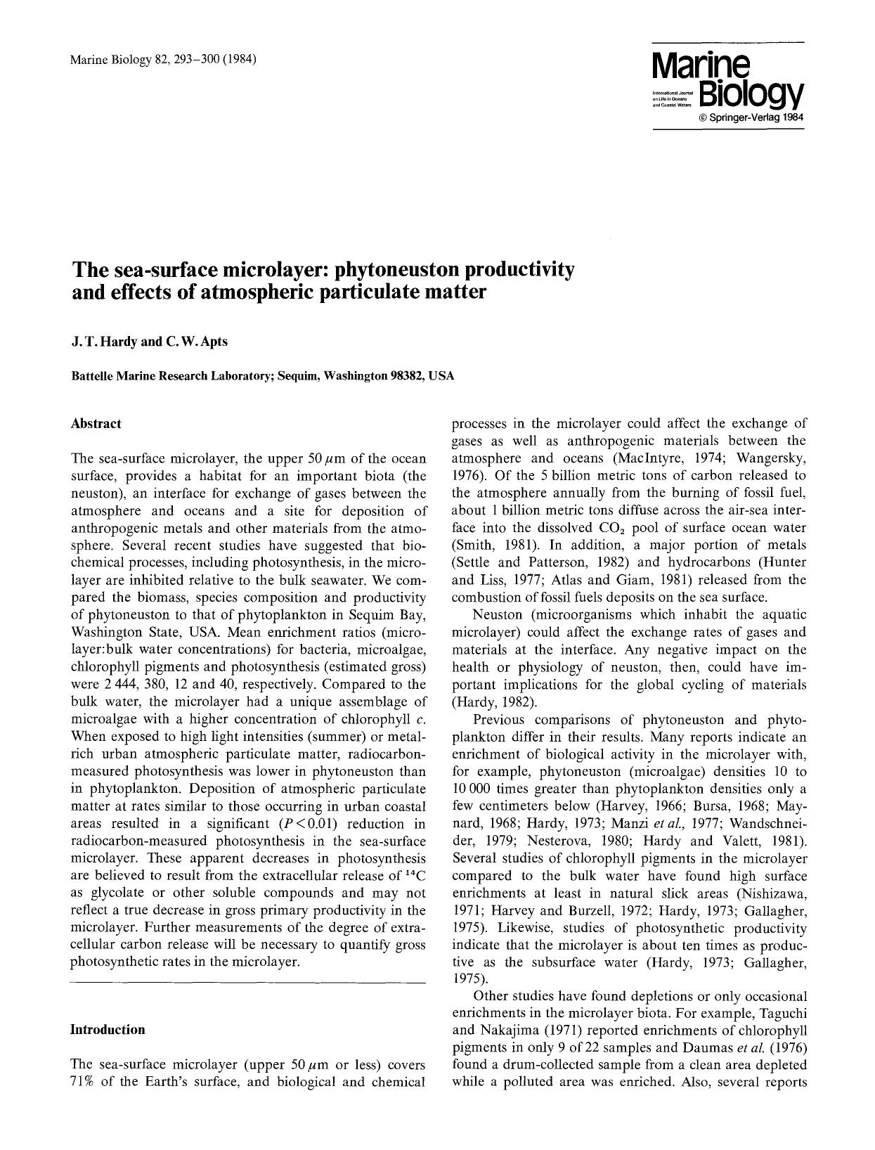 The sea-surface microlayer: phytoneuston productivity and effects of atmospheric particulate matter by Unknown