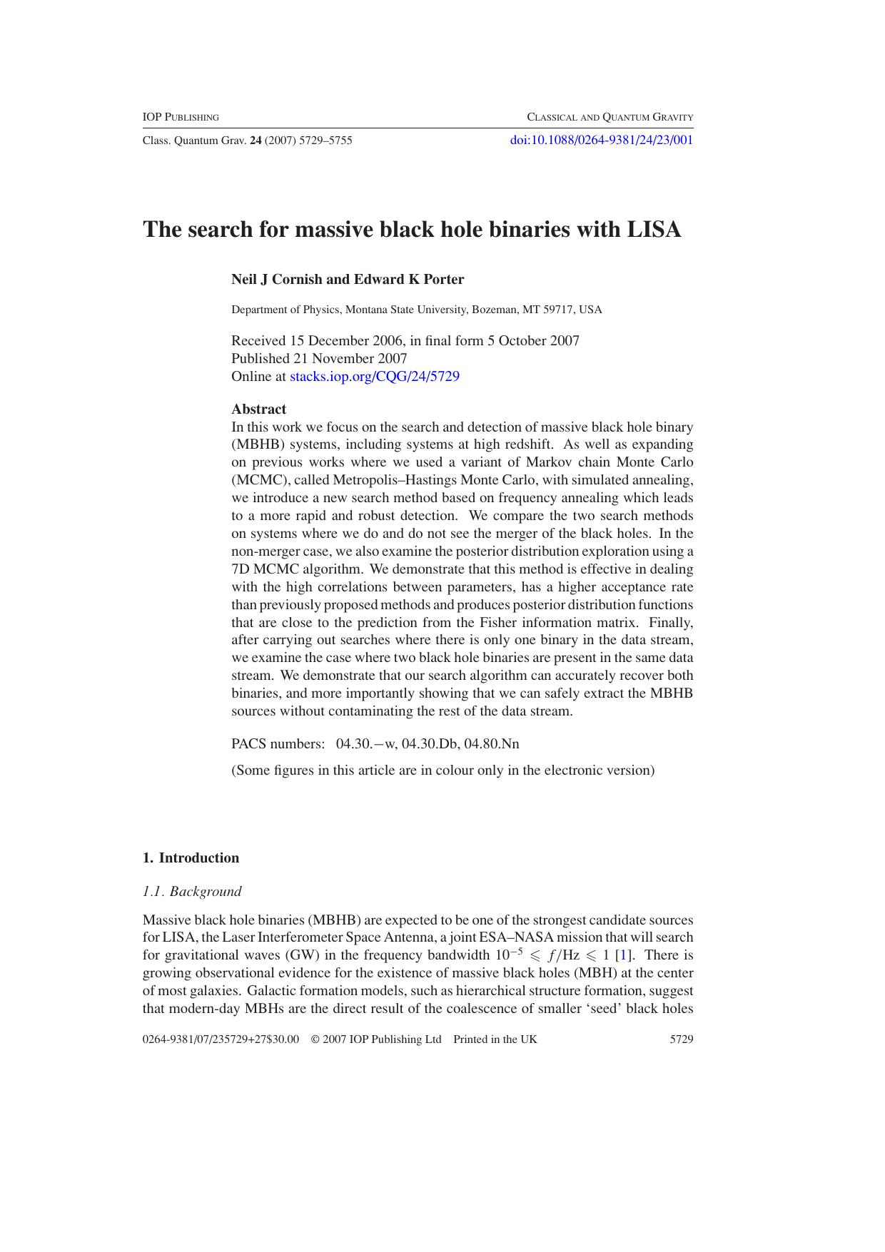 The search for massive black hole binaries with LISA by N J Cornish & E K Porter