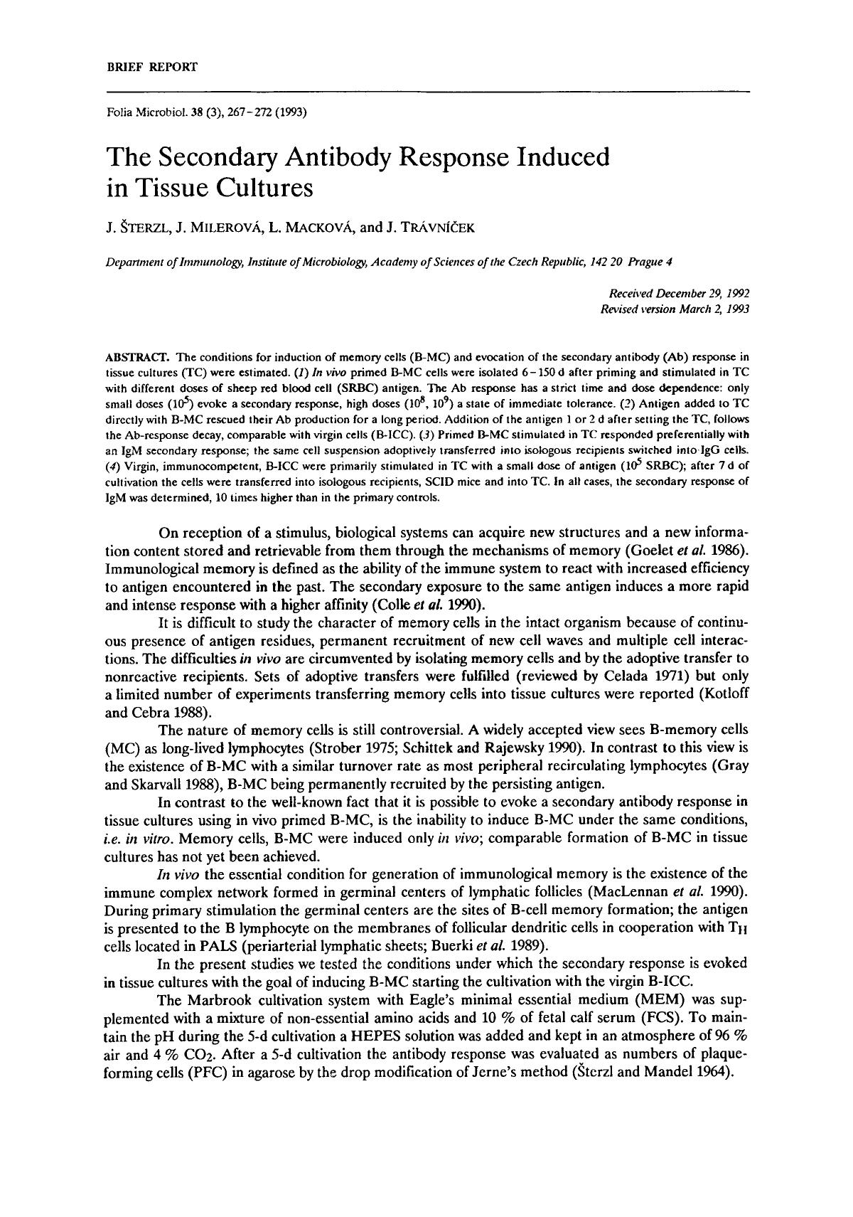 The secondary antibody response induced in tissue cultures by Unknown