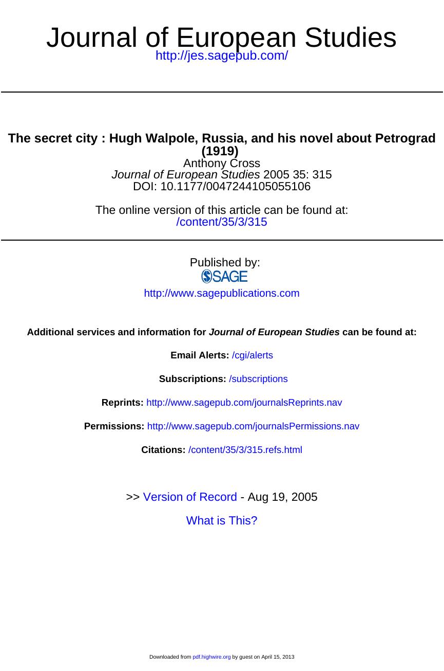 The secret city: Hugh Walpole, Russia and his novel about Petrograd (1919) by Anthony Cross