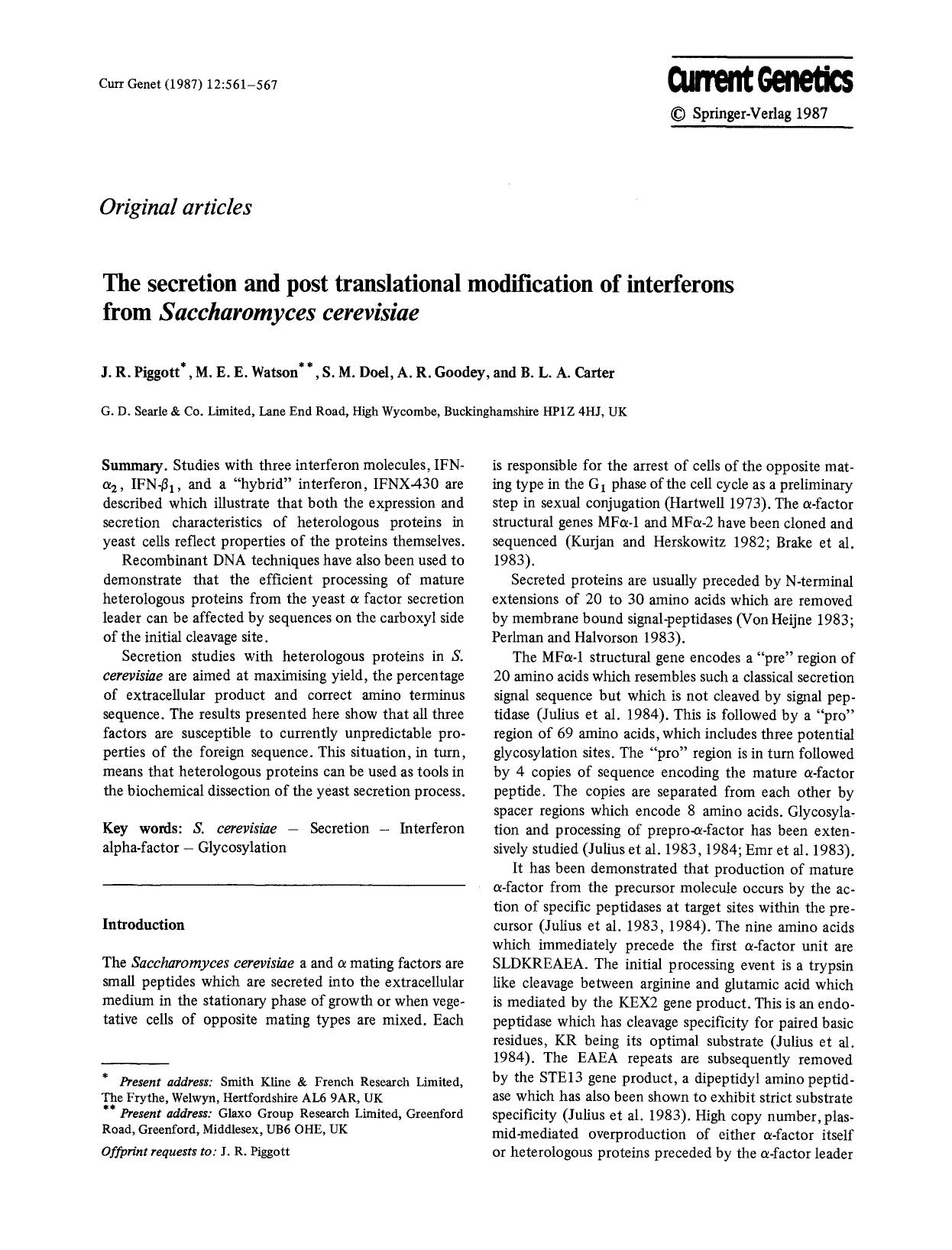 The secretion and post translational modification of interferons from <Emphasis Type="Italic">Saccharomyces cerevisiae<Emphasis> by Unknown