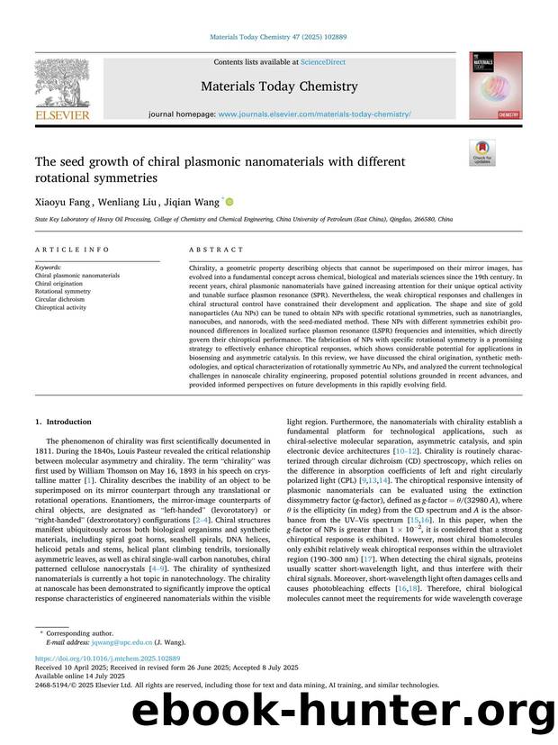 The seed growth of chiral plasmonic nanomaterials with different rotational symmetries by Xiaoyu Fang & Wenliang Liu & Jiqian Wang