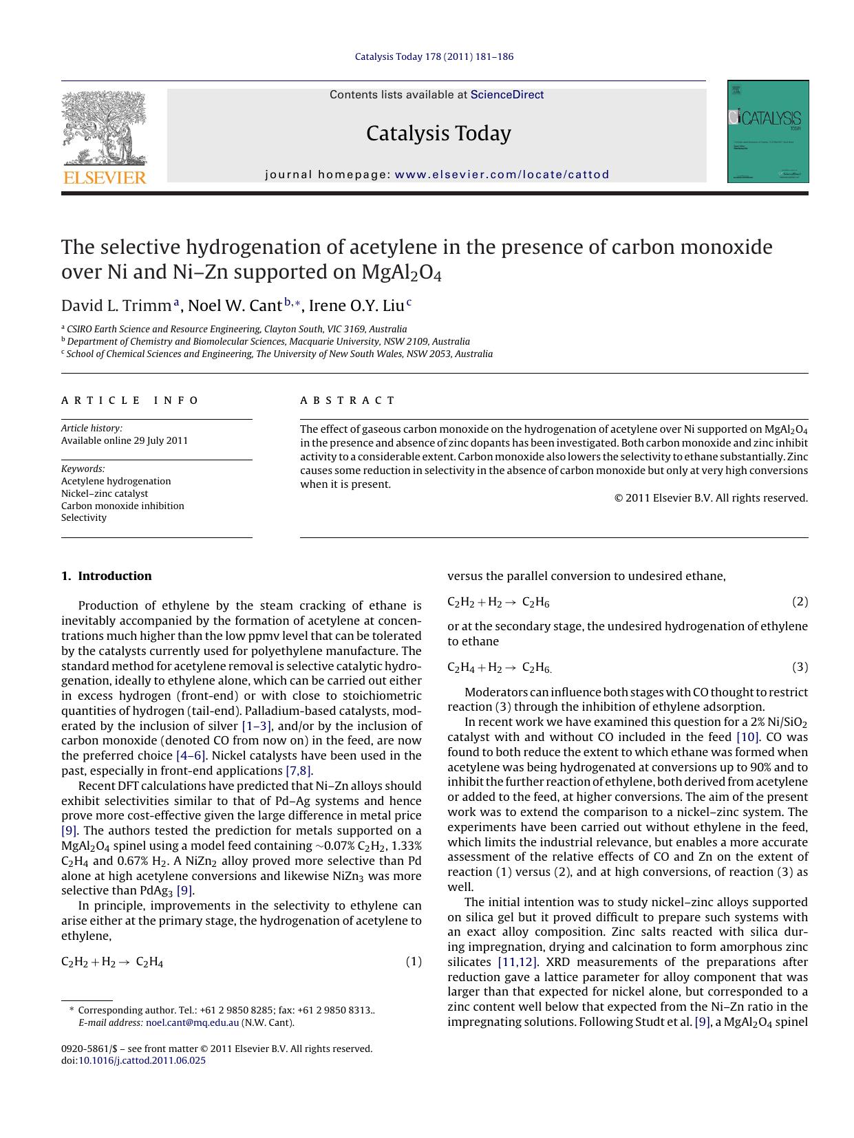 The selective hydrogenation of acetylene in the presence of carbon monoxide over Ni and NiÃ¢â¬âZn supported on MgAl2O4 by David L. Trimm
