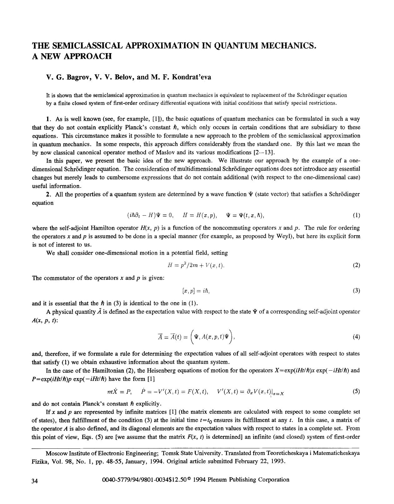 The semiclassical approximation in quantum mechanics. A new approach by Unknown
